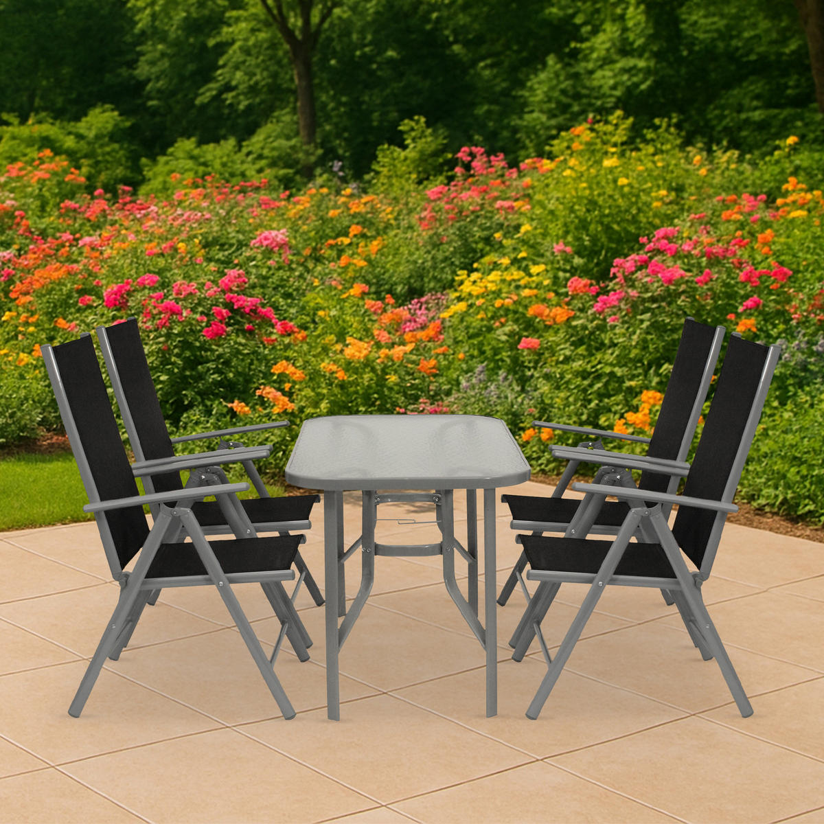 GARTEN-GARNITUR Chelmsford 5-teilig (4x Klappsessel mit Armlehnen, 1x Tisch 120x70cm) - Garten-Essgruppe mit Gestell aus Aluminium / Stahl - Grau, Metall - TPFGarden