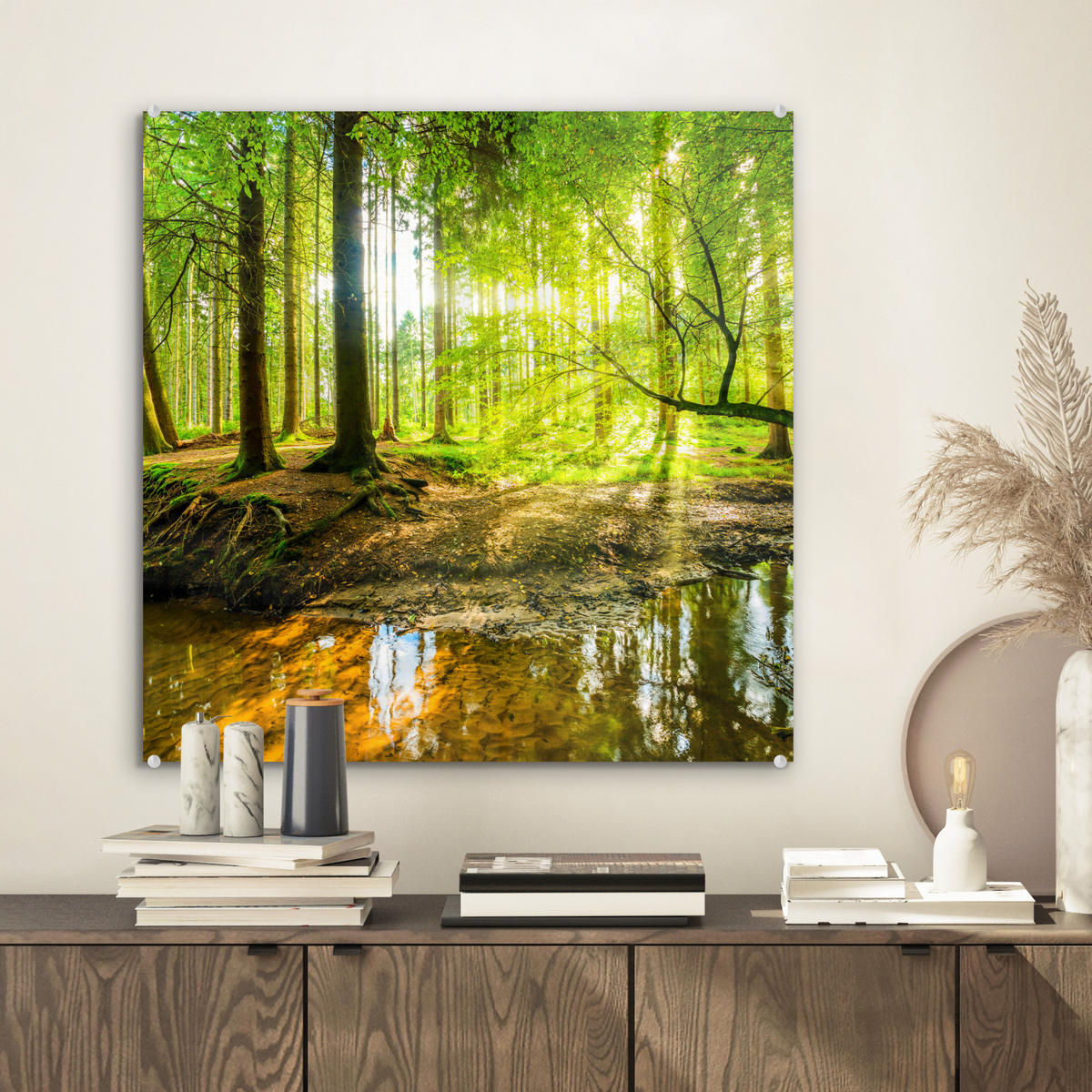 ACRYLGLASBILD Wald - Landschaft - Wasser - Bäume - Sonne - Grün - Natur 50x50 cm - Grün, Glas (50/50cm) - MuchoWow