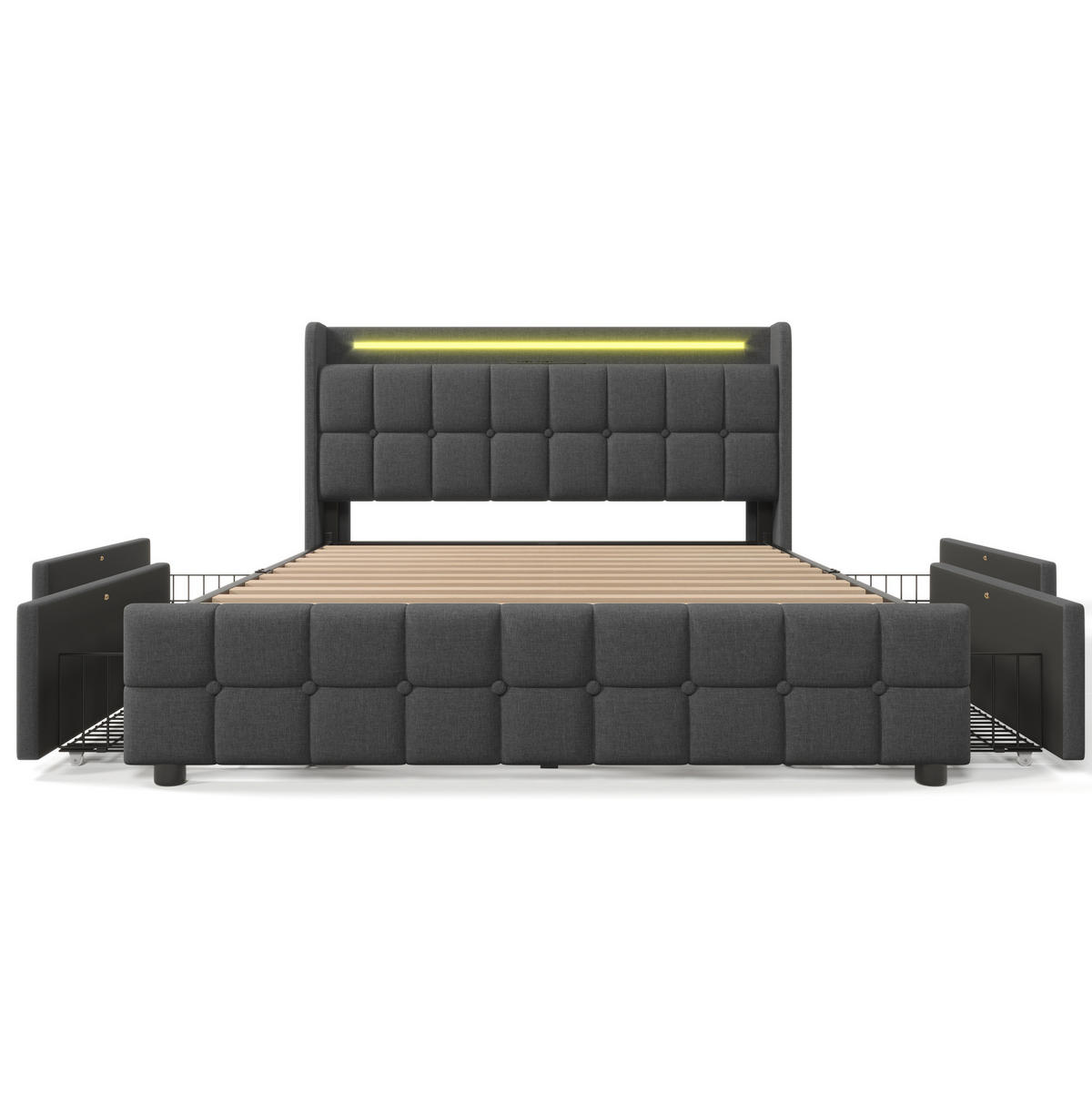 POLSTERBETT 160/200 cm mit LED-Beleuchtung, USB-Anschlüssen, Steckdosen und 4 Schubladen, Grau - Grau, Holz (160/160cm) - Redom