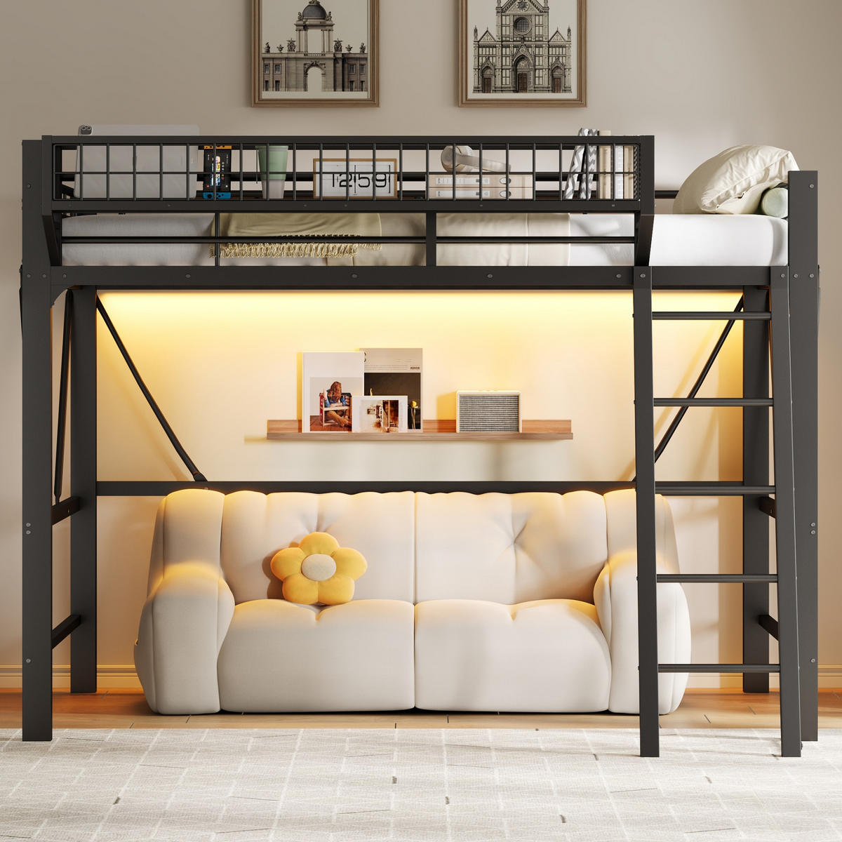 HOCHBETT 140/200 cm in Schwarz mit LED, Aufbewahrungskorb und Treppe aus Metall - Schwarz, Metall - STILVORA