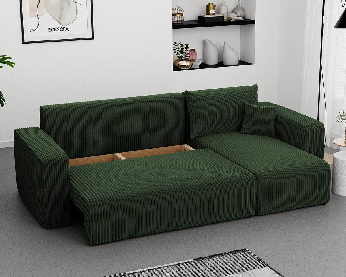 ECKSOFA Grün Cord-Stoff mit Bettkasten - Grün, Textil (248/145cm) - Idohome
