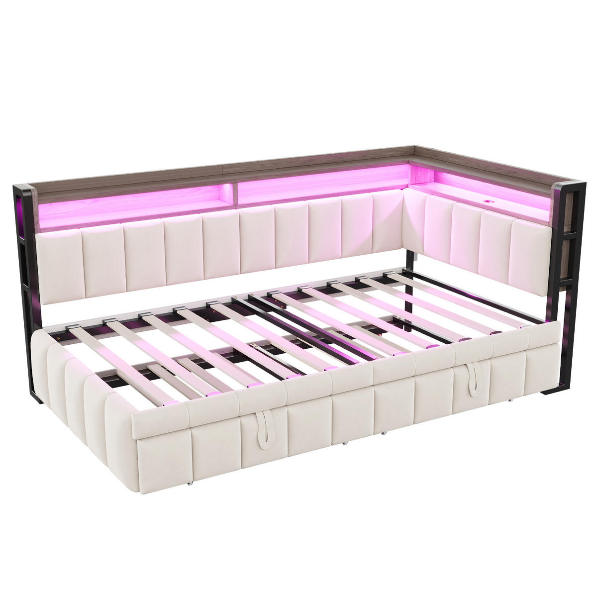 AUSZIEHBETT 90/200 cm ausziehbar mit LED und USB, DE-41717, in Beige - Beige, Metall (90/200cm) - ComfortXL