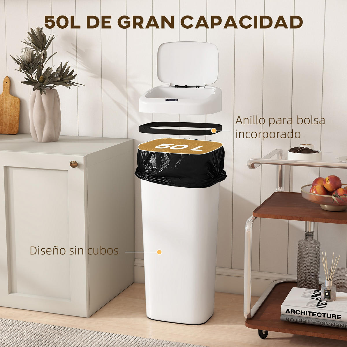 MÜLLEIMER 50L Abfalleimer Küche Automatisch 33/25/84 cm Edelstahl Weiß Infrarotsensor - Weiß, Metall (25/84/33cm) - Rolipo