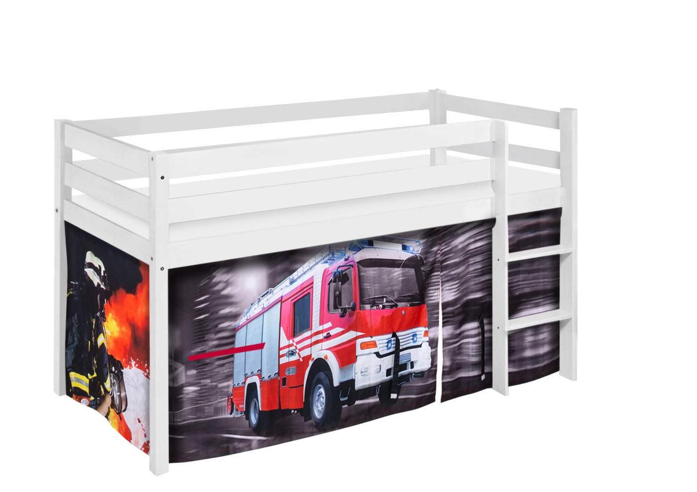 HOCHBETT Jelle mit FEUERWEHR Vorhang - Kinderbett - Weiß, Holz - Lilokids
