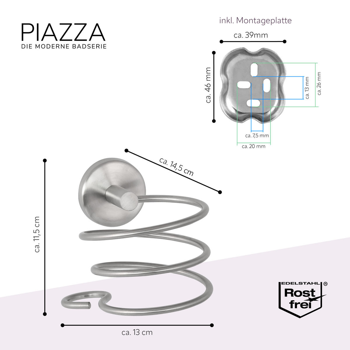 HAARTROCKNERHALTER PIAZZA, Edelstahl, matt - Edelstahlfarben, Metall (12.8/11.4/14.3cm) - bremermann