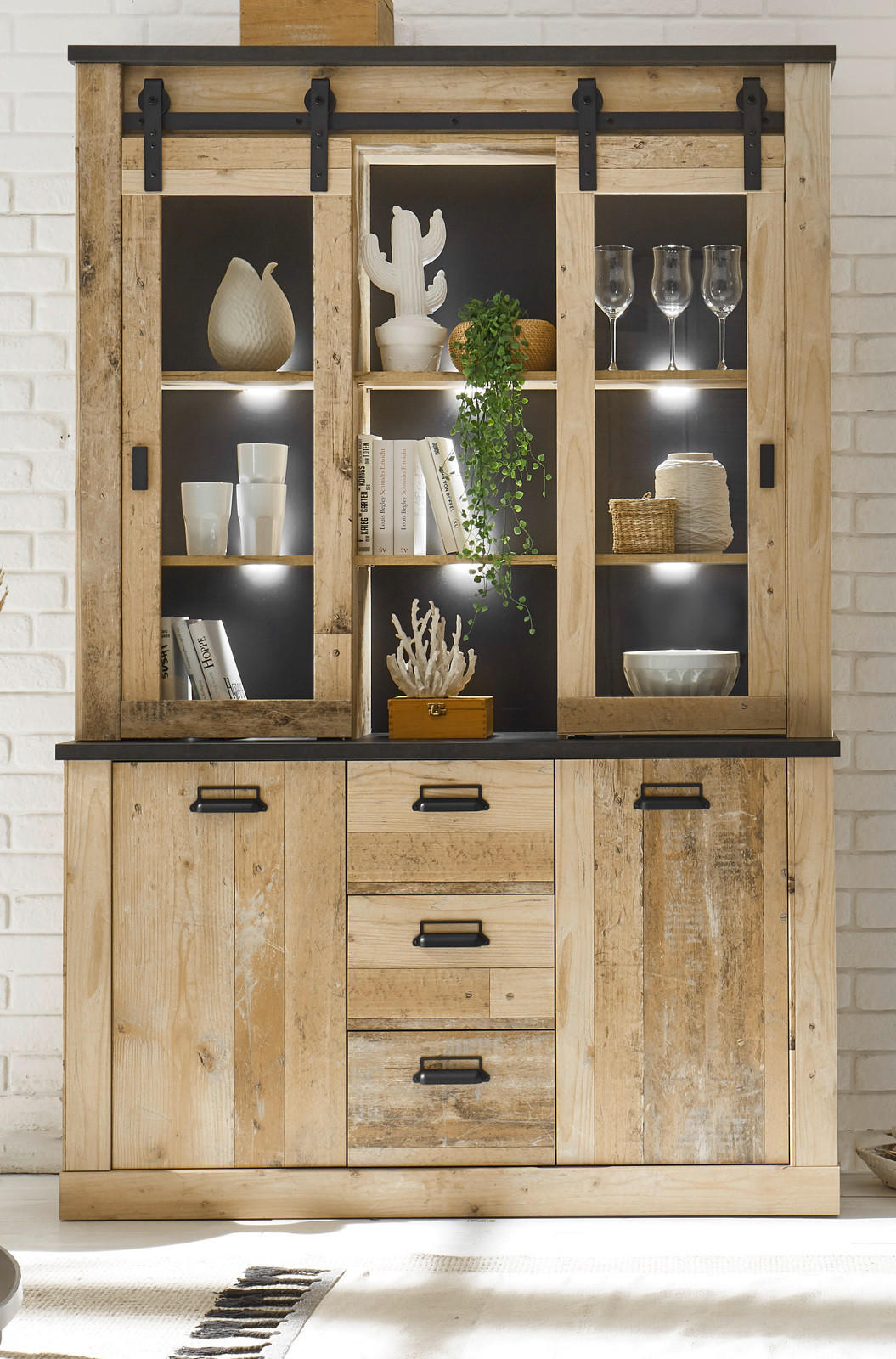 BUFFETSCHRANK Used Wood hell, anthrazit, Vitrinenschrank 133 x 201 cm - Eichefarben/Anthrazit, Holzwerkstoff/Metall (133/201/37cm) - Furn.Design