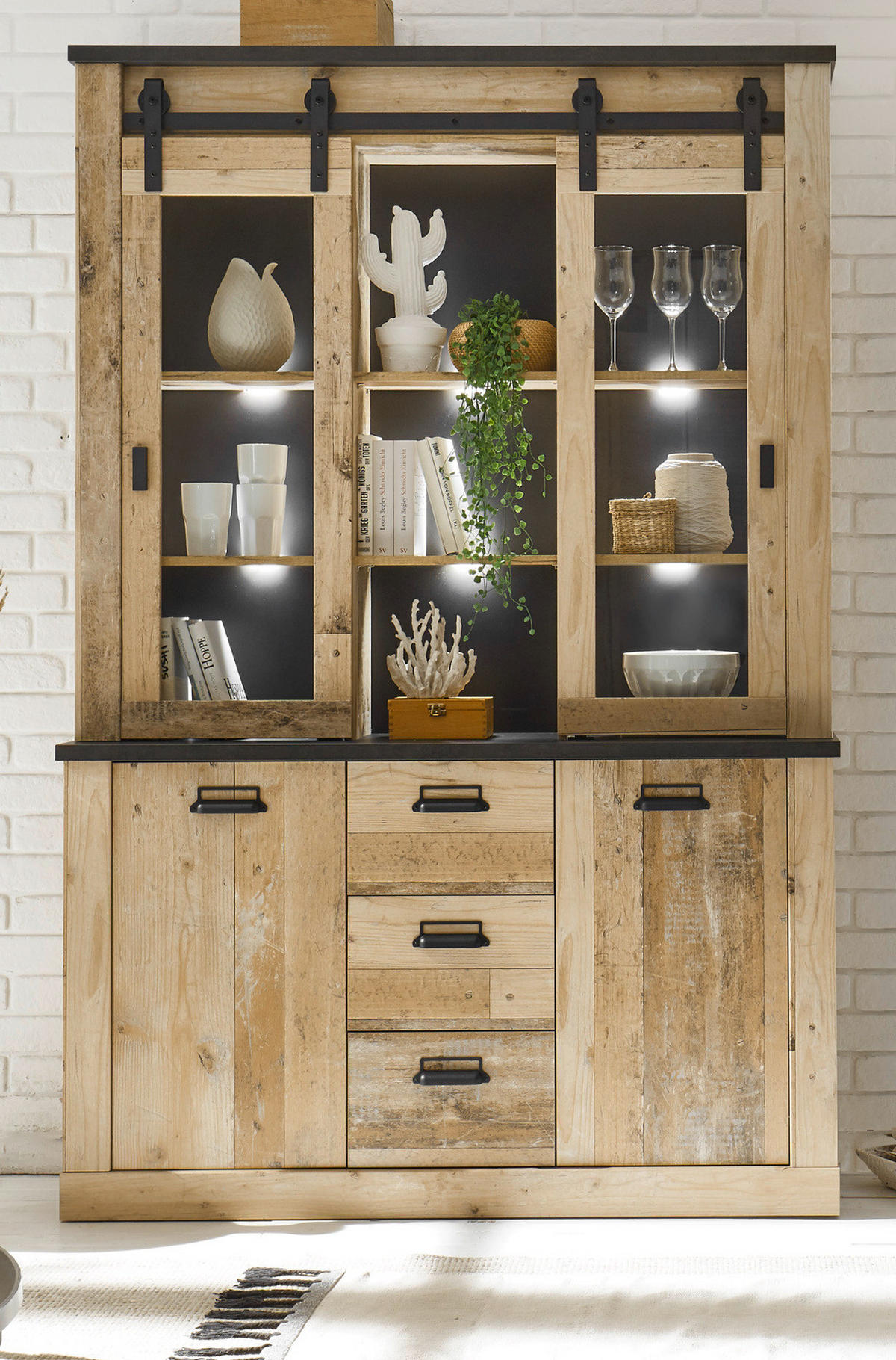 BUFFETSCHRANK Used Wood hell, anthrazit, Vitrinenschrank 133 x 201 cm - Eichefarben/Anthrazit, Holzwerkstoff/Metall (133/201/37cm) - Furn.Design