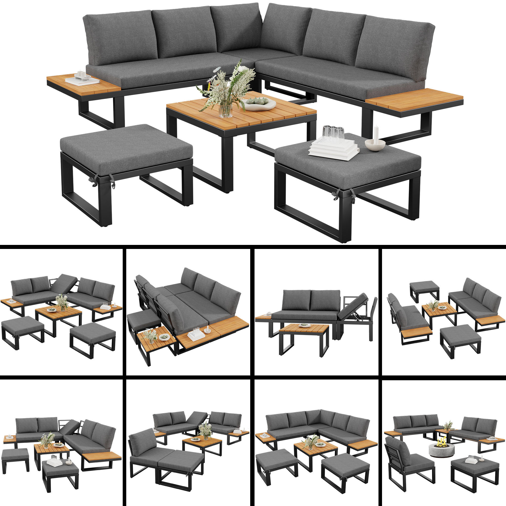 GARTENLOUNGE 6tlg Grau Beige Ecksofa Tisch Hocker verstellbar - Grau, Metall - FLIEKS