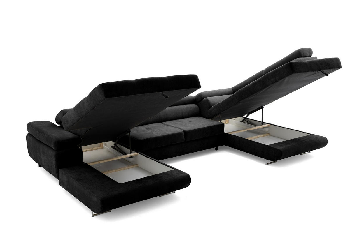 ECKSOFA U-Form WILD U Rechts mit Schlaffunktion 130x260 Chenille Schwarz - Silberfarben/Schwarz, Holz/Textil (350/90/203cm) - Muffo