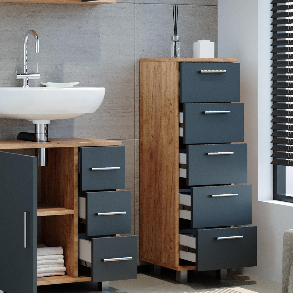 BADSCHRANK Ilias Goldkraft Eiche 30 x 95 cm - Eiche Wotan, Holzwerkstoff (30/95/30cm) - Vicco