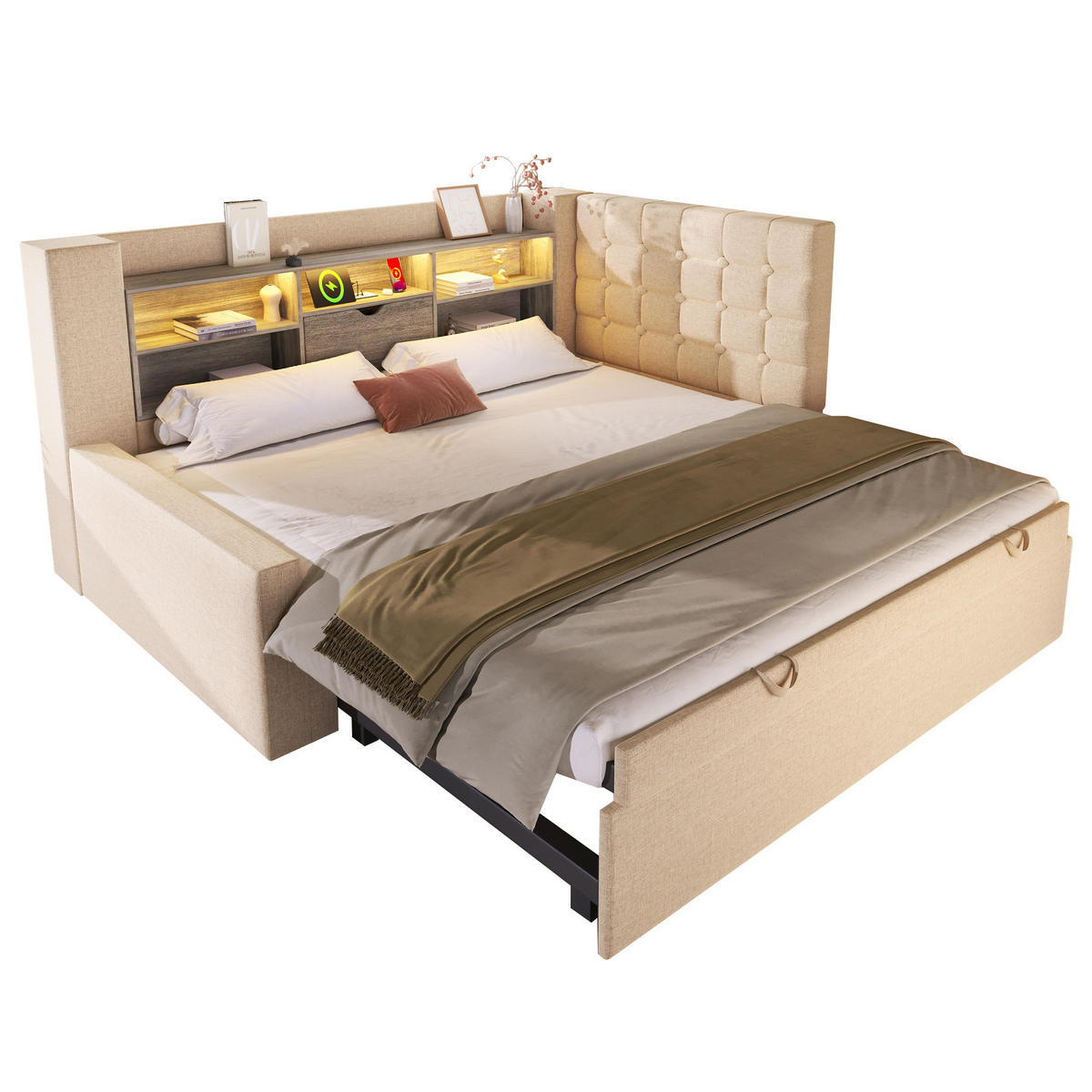 AUSZIEHBETT 90/200 cm DE-00756, in Beige, LED und L-Kopfteil - Beige, Metall (90/200cm) - ComfortXL