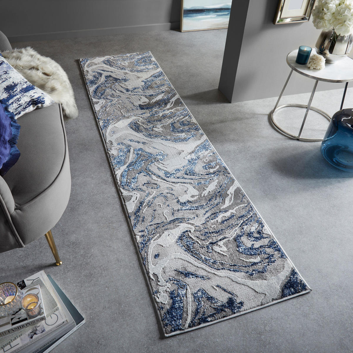 TEPPICH Marmor-Design, metallisch OUSE JOY, Blau-Grau 80x300 cm - Blaugrau, Textil (80/300cm) - KADIMA DESIGN