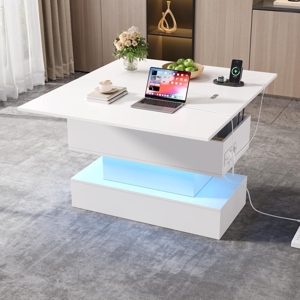 COUCHTISCH aus Spanplatte 100x50x51,5 cm Weiß mit höhenverstellbarer Tischplatte, Stauraum und LED - Weiß, Holzwerkstoff (100/50/51.5cm) - IVMEU