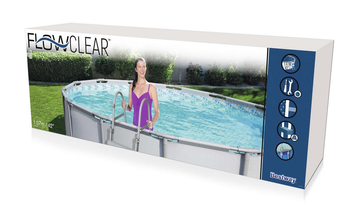 POOL-SICHERHEITSLEITER Eddo für 107cm Poolhöhe Stahl Grau 139x66x127cm - Grau, Metall (66/139/127cm) - DELUKE