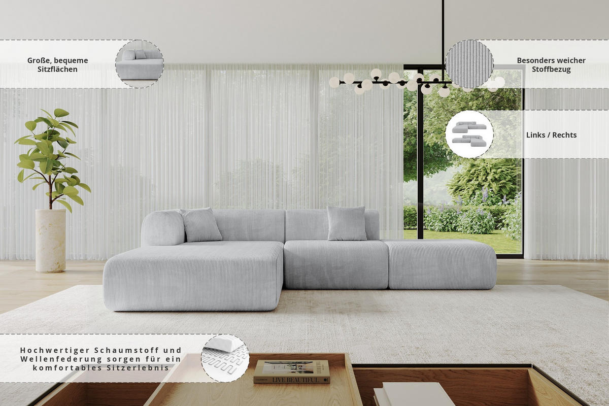 ECKSOFA Ottomane Links OVLY-L 289x176x71 Grau Cord - Schwarz/Alufarben, Holzwerkstoff/Kunststoff (176/289cm) - ALTDECOR