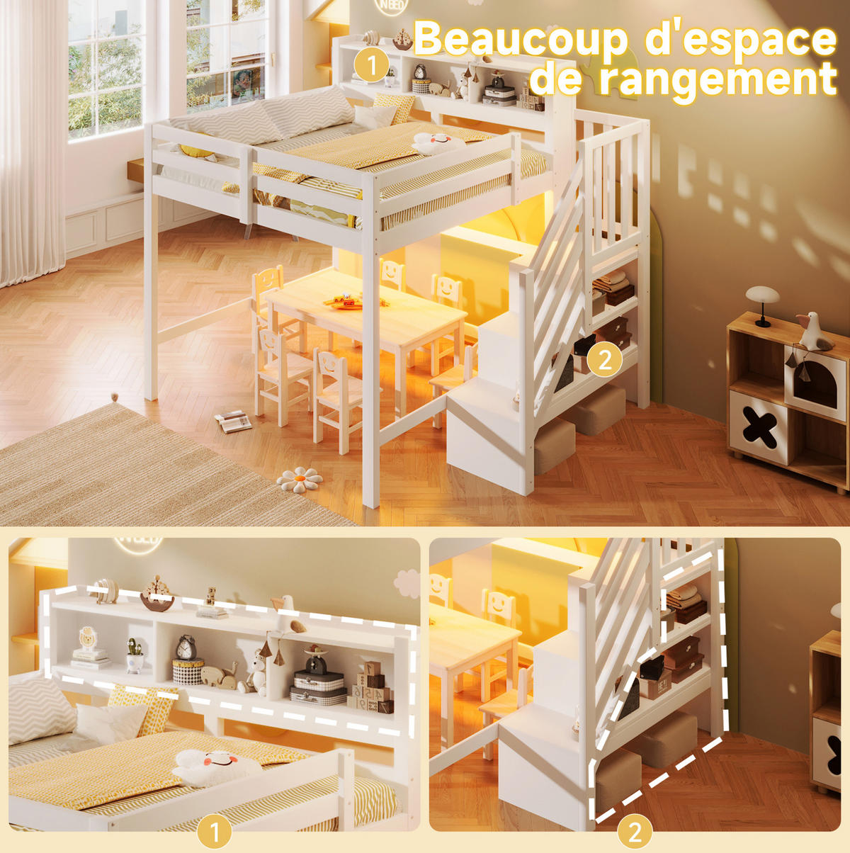 HOCHBETT 140/200 cm mit LED-Beleuchtung, Stauraumtreppe und offenem Staufach, Weiß - Weiß, Holz (140/200cm) - Redom