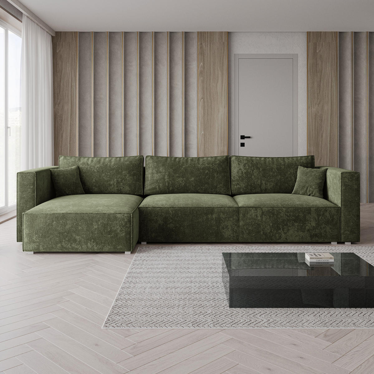 ROHOVÁ Sedačka TOLMO LUMO 20, Zelená - šedá/zelená barva, dřevo/textil (347/148cm) - MASSENO