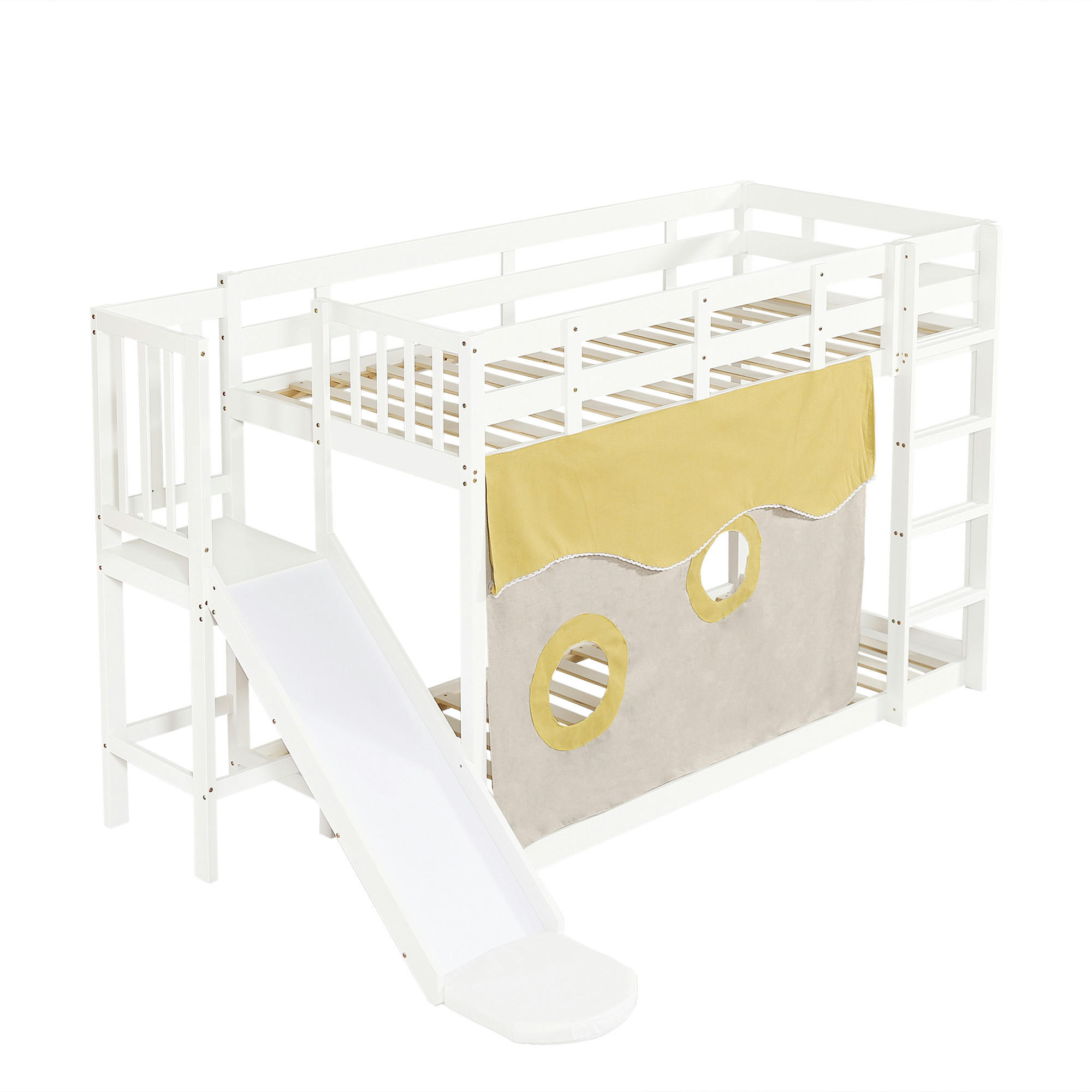 ETAGENBETT 90/200 cm DE-02256, in Weiß, mit Treppe, Rutsche und Vorhang - Weiß, Holz/Holzwerkstoff (90/200cm) - ComfortXL