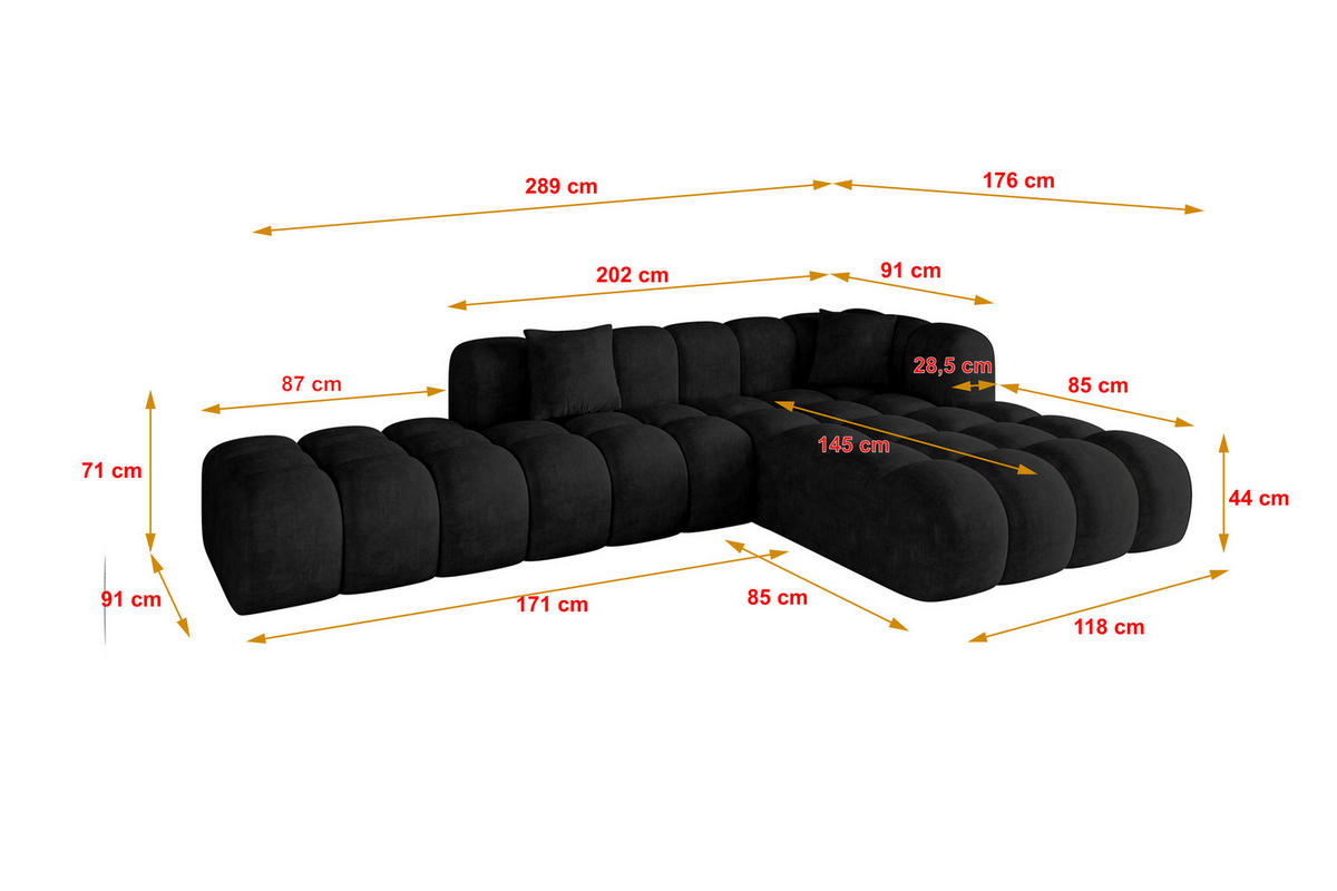 ECKSOFA Ottomane Rechts OLEA-L2 - 289x176x71 cm Schwarz - Schwarz, Holzwerkstoff/Kunststoff (289/176cm) - ALTDECOR