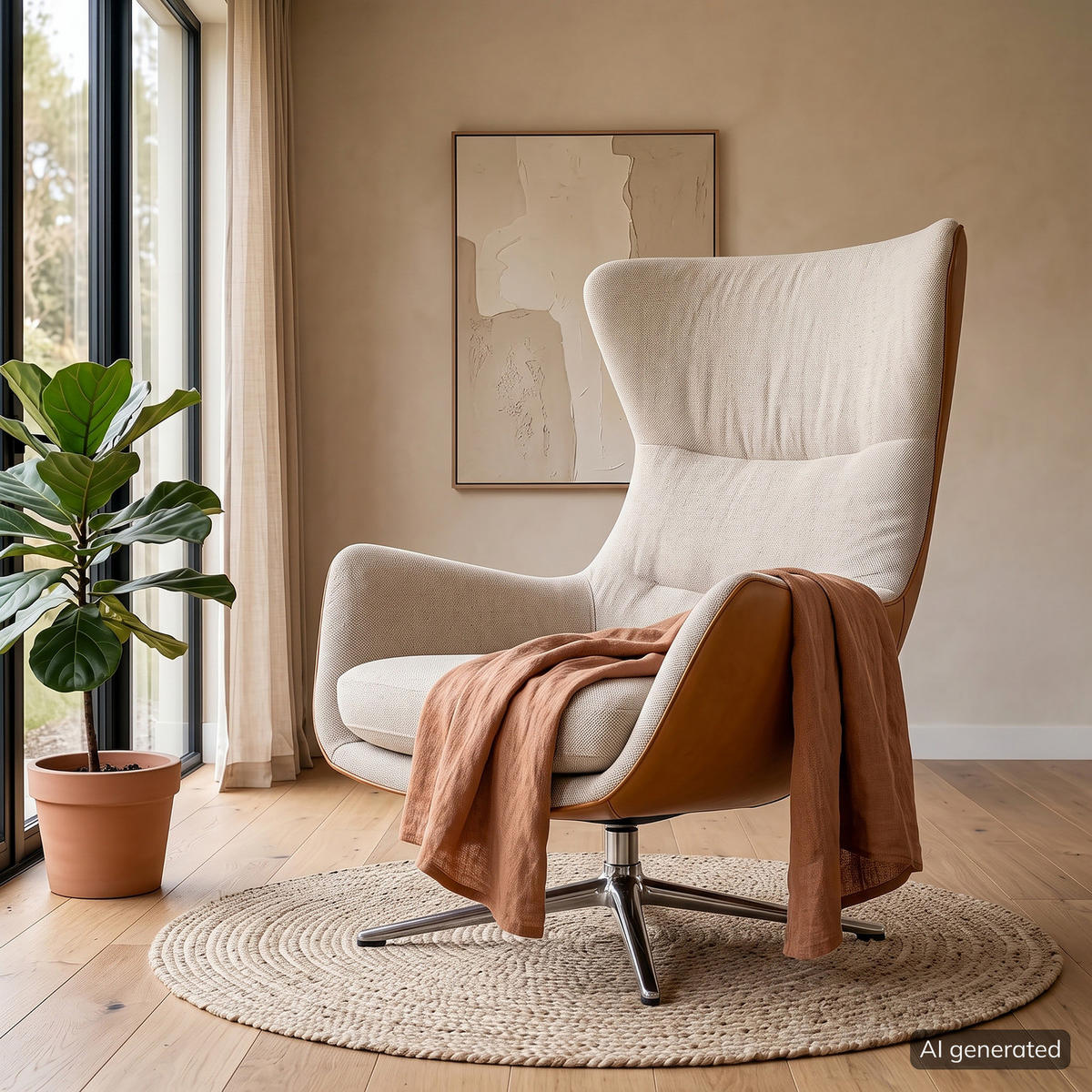 SESSEL mit Kreuzfuß - Chromfarben/Cognac, Leder/Textil (84/99/96cm) - home24