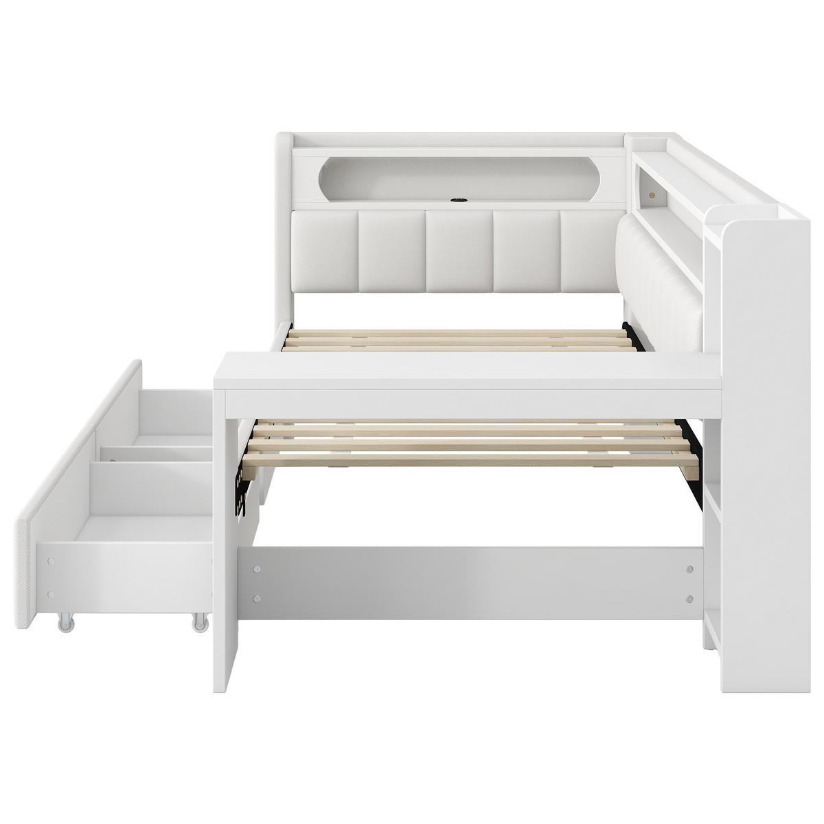 POLSTERBETT 90/200 cm Weiß mit LED-Beleuchtung USB-Anschlüssen Schreibtisch und Stauraum - Weiß, Holzwerkstoff (90/200cm) - OKWISH