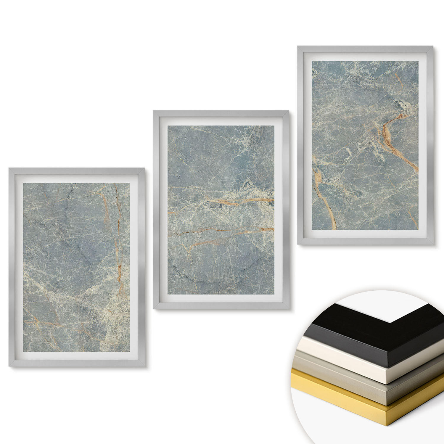 WANDBILDER 3er Set - 40x60 cm Silberner Rahmen - Dekorativer Stein aus grünem Marmor - Silberfarben, Kunststoff (40/60cm) - ArtPrintCave