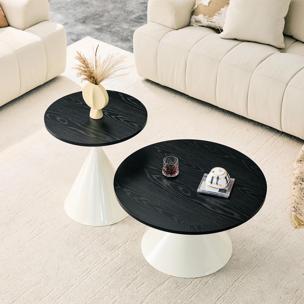 COUCHTISCH-SET DE-37434 2er-Set konusförmig mit Holzoptik Schwarz/Creme - Creme/Schwarz, Metall (50/50/50cm) - ComfortXL