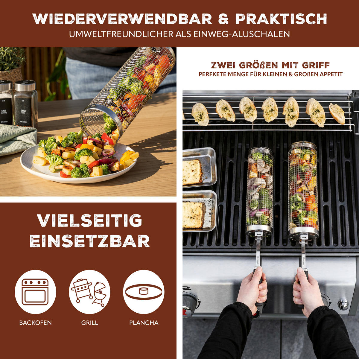 GRILLKORB, rund Edelstahl matt - Silberfarben, Metall (46/8.5/8.5cm) - eluno