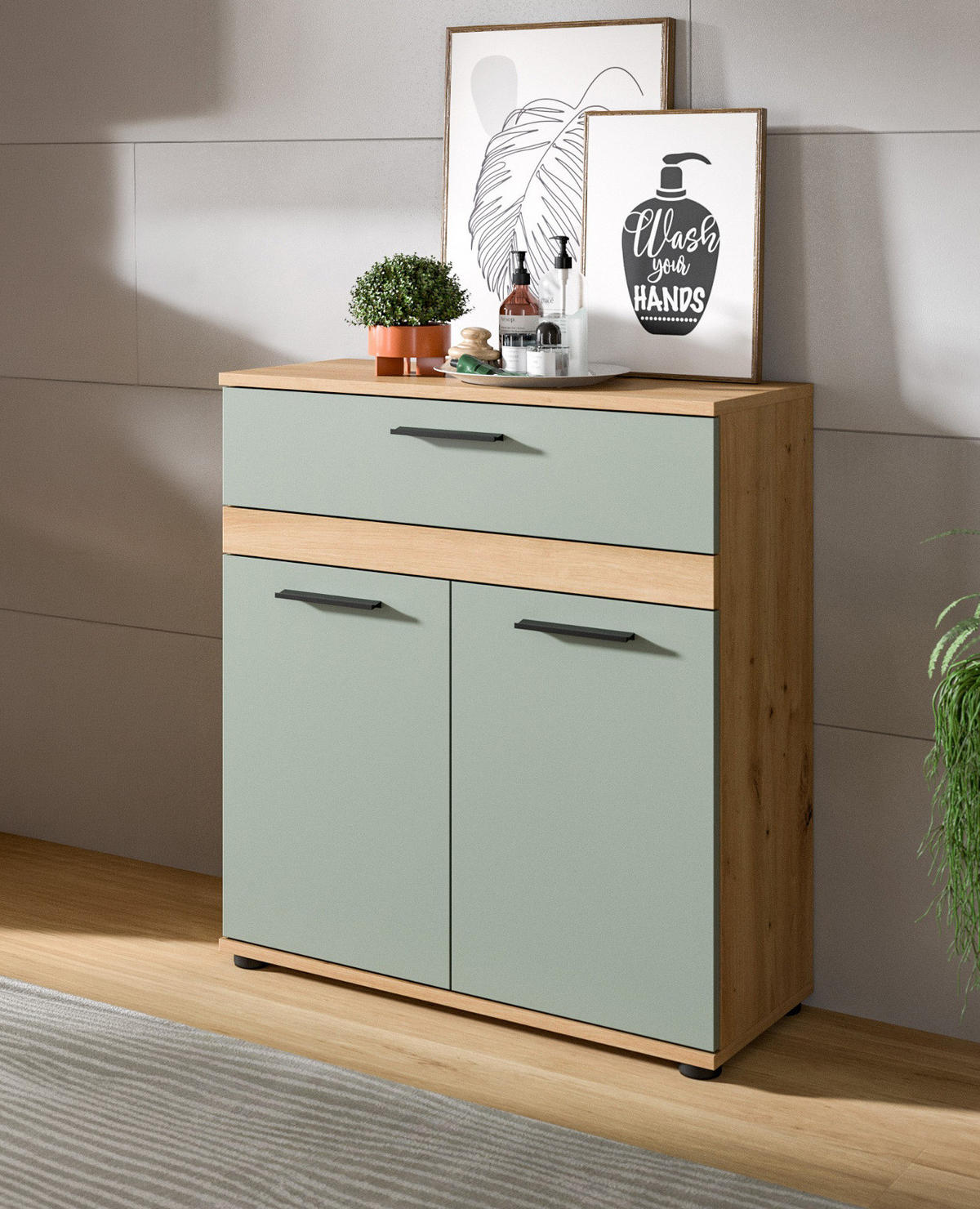KOMMODE Salbei grün, Eiche Artisan 70 x 79 cm, Badschrank 2-türig - Salbeigrün/Schwarz, Holzwerkstoff/Kunststoff (70/79/31cm) - Inn.Furn