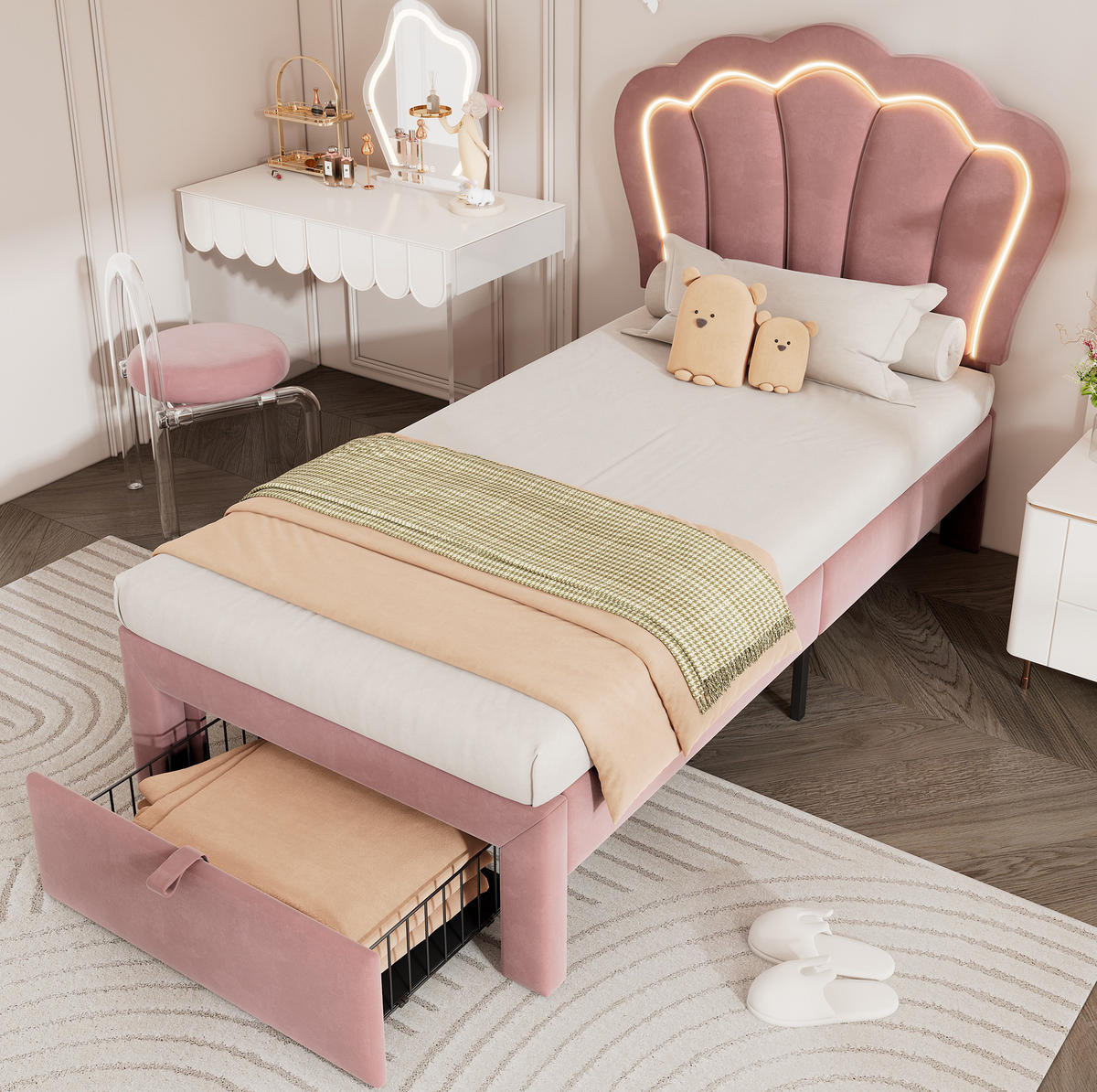 KINDERBETT 90/190 cm in Rosa mit LED, Schublade und verstellbarem Kopfteil - Rosa, Textil (90/190cm) - BEAOK