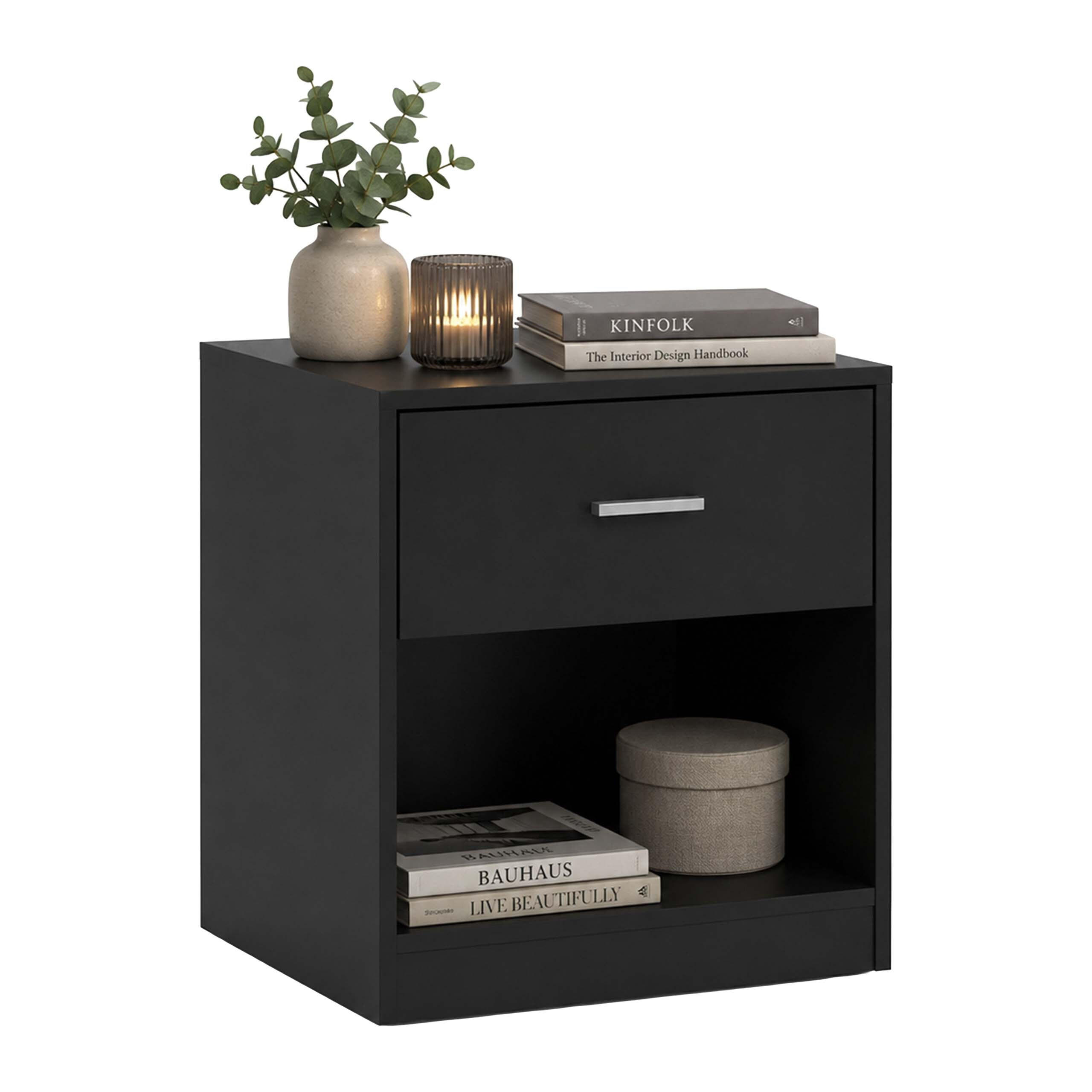 NATTSKÅP Svart med låda MDF - Svart, Träbaserade material (39/41/28cm) - Relaxdays