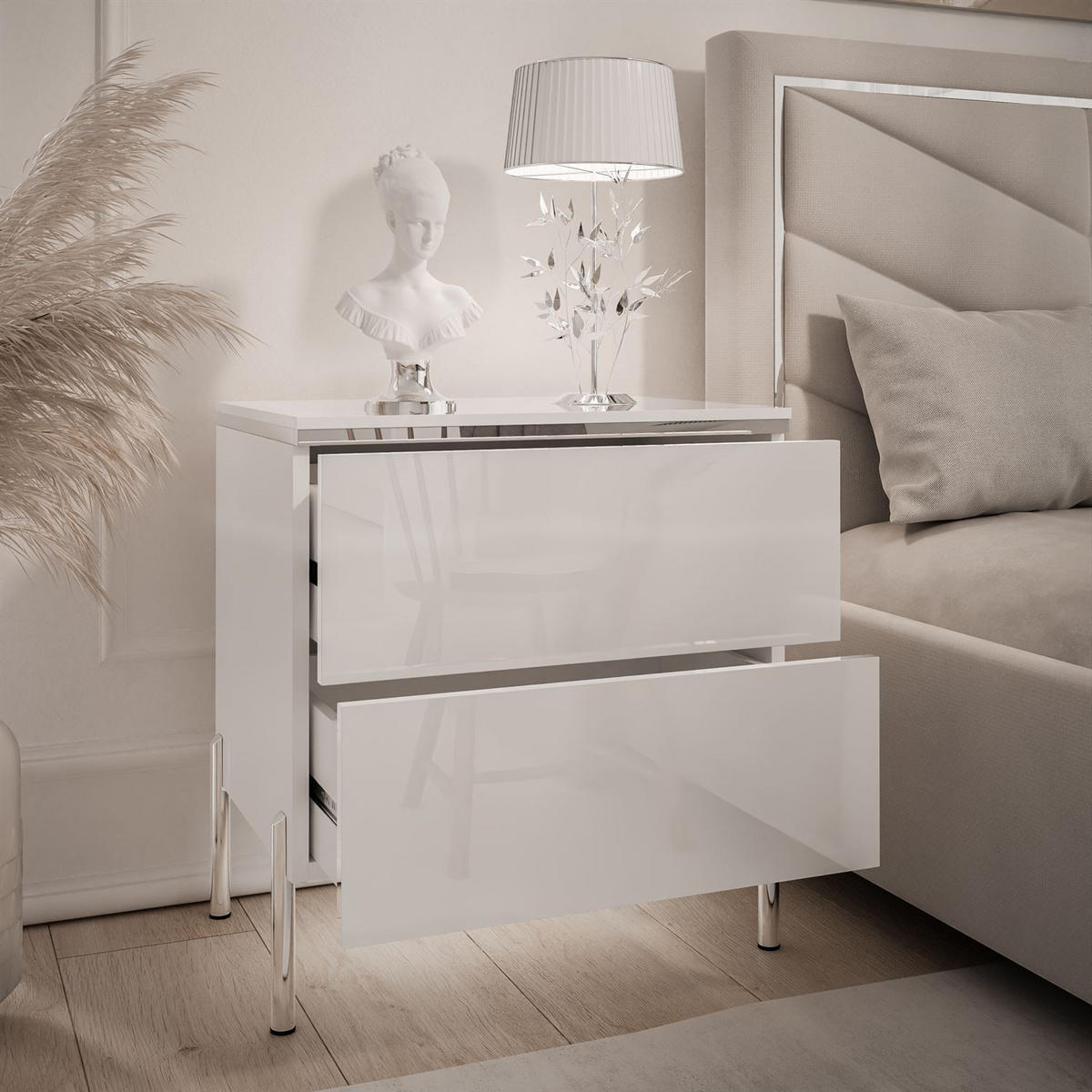 NACHTTISCH AURORA II SILVER Hochglanz Weiß mit LED-Beleuchtung – mit geraden verchromten Beinen - Weiß Hochglanz, Holzwerkstoff (50/54/37cm) - Lookway