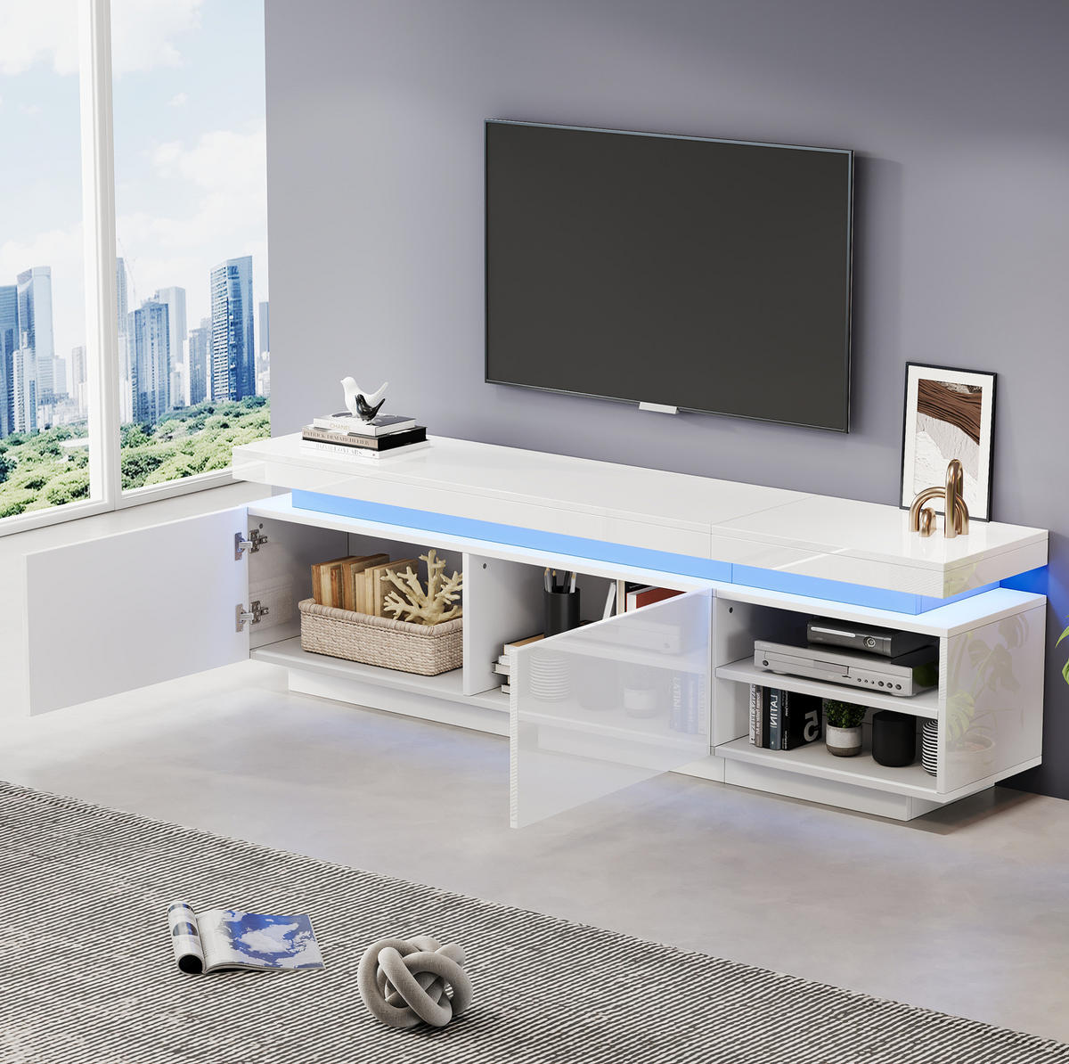 TV-LOWBOARD aus Spanplatte 170x35x50 cm Weiß mit LED-Beleuchtung, Kabelmanagement und Stauraum - Weiß, Holzwerkstoff (170/50/35cm) - Modfu