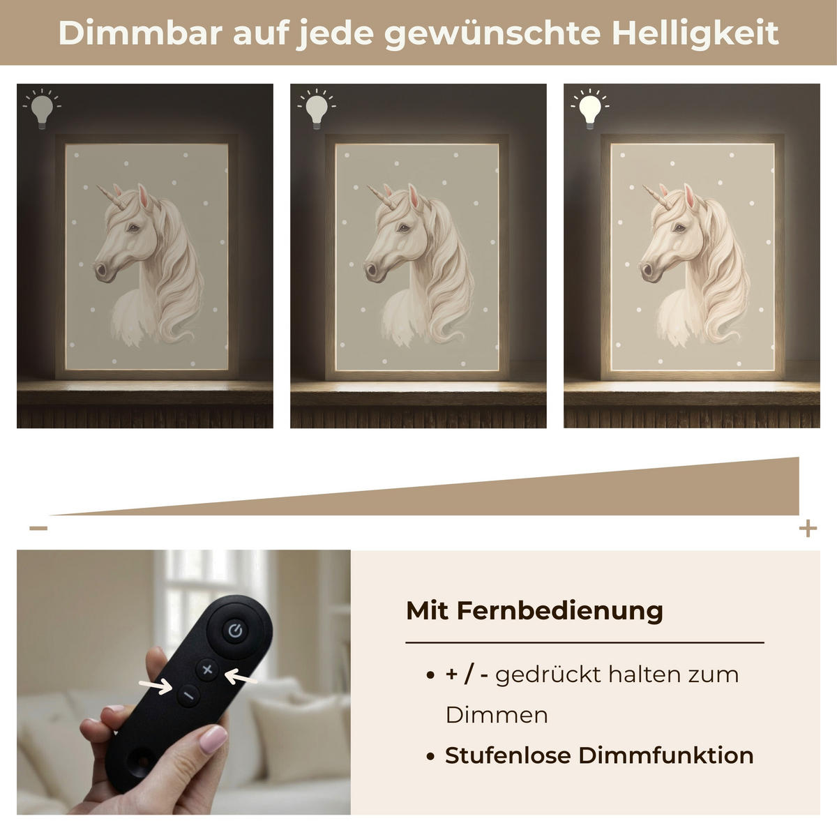NÁSTĚNNÁ LAMPA S AKUMULÁTOREM Jednorožec - bílý - tečky 30x40 cm - šedohnědá, kompozitní dřevo (30/40/8cm) - OnlyWow