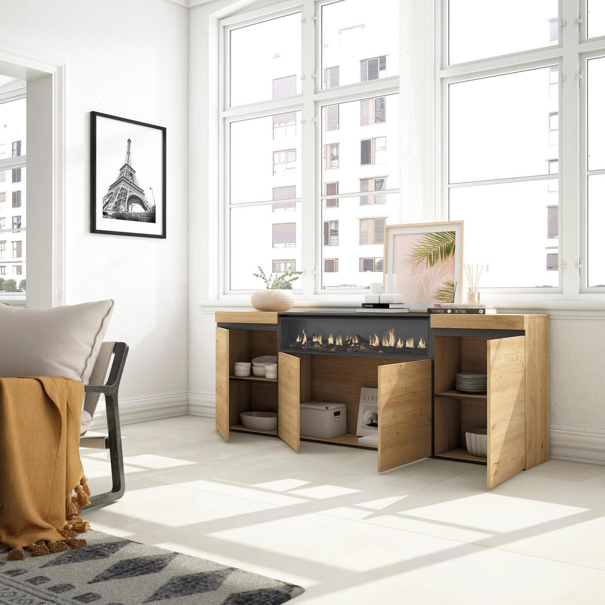 SIDEBOARD Elektrokamin, eiche, schwarz, 200/35/75cm - Beige/Multicolor, Holzwerkstoff (200/75/35cm) - Skraut Home