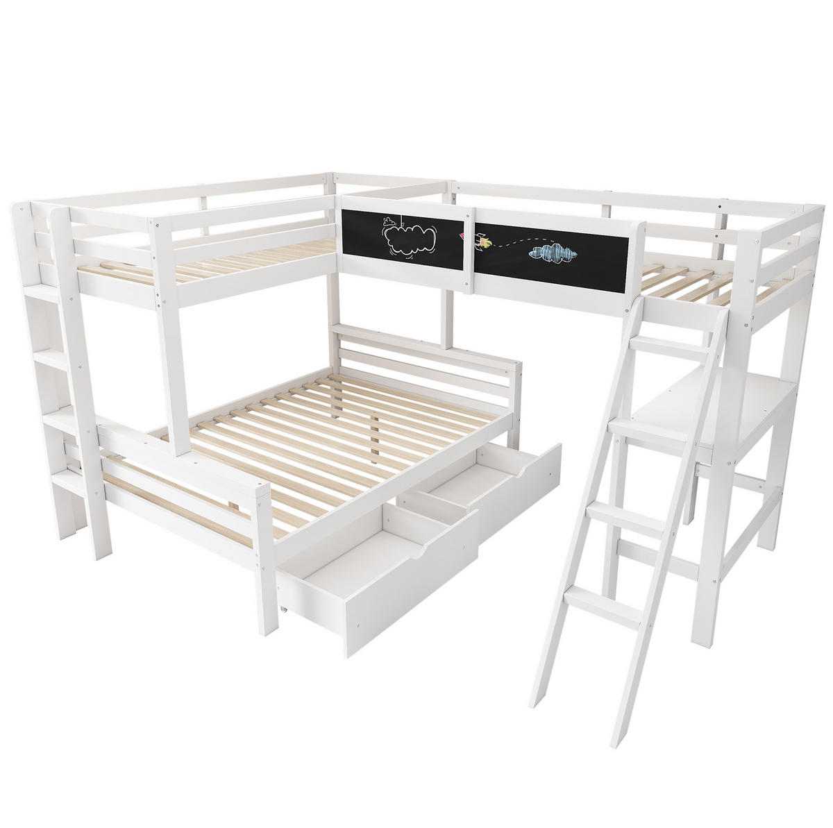 ETAGENBETT 140/200 cm weiß/eichefarben aus Massivholz mit Schreibtisch - Weiß, Holz (140/200cm) - OKWISH