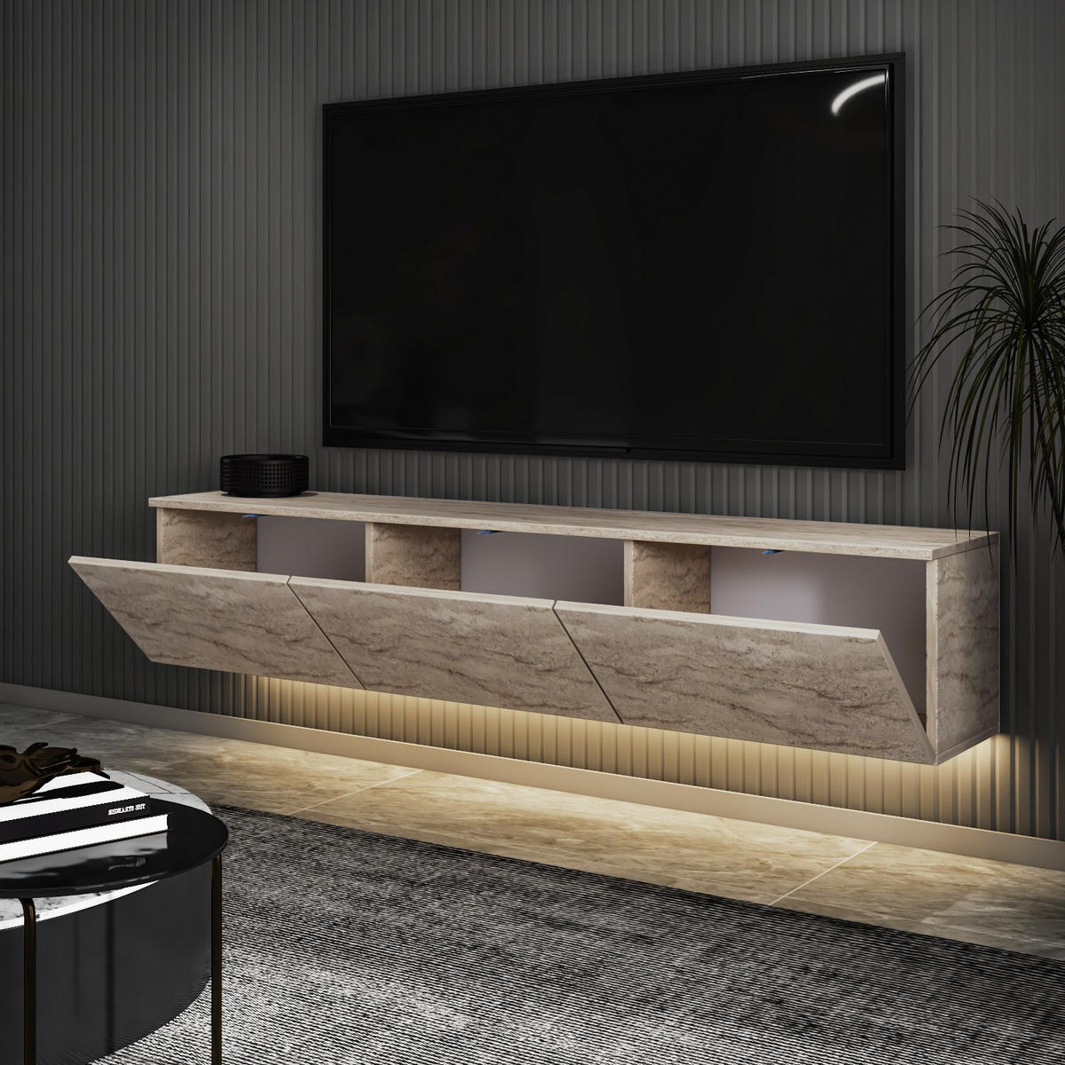 TV-MÖBEL Neon Illuminated Hängend Travertin - Beige, Holz (160/35/32cm) - Habitat Garten