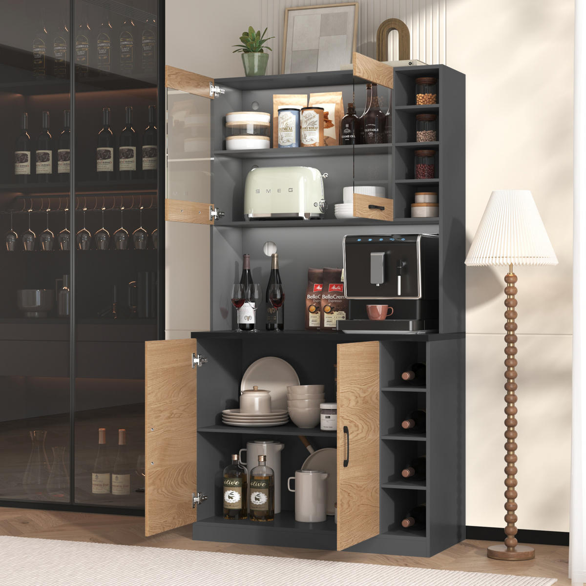 BUFFETSCHRANK 100/47/187 cm mit LED-Beleuchtung, Kabellöchern und verstellbaren Fächern, Grau/Natur - Naturfarben, Holzwerkstoff (100/187/47cm) - Redom