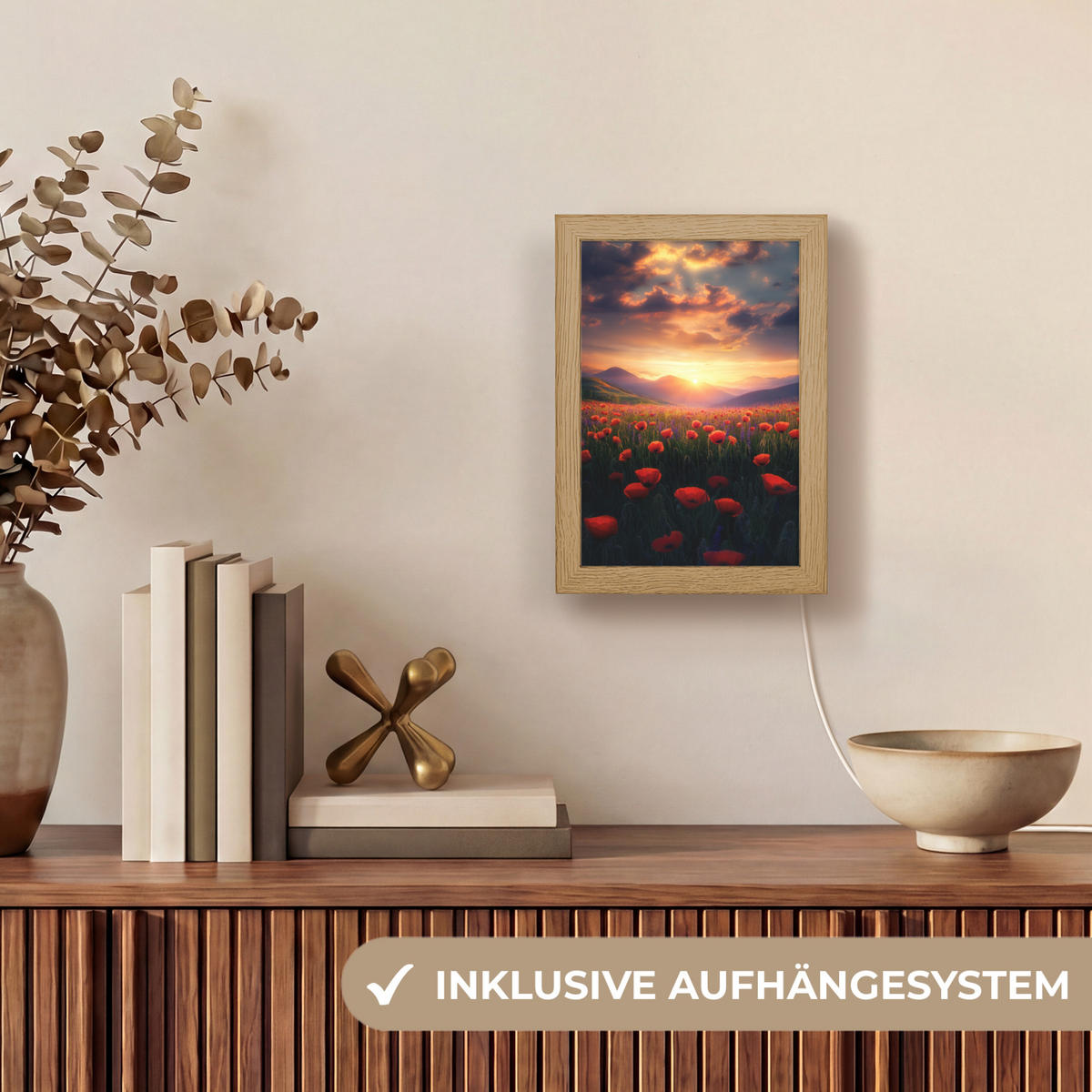 TISCHLEUCHTE Landschaft - Sonnenuntergang - Blumenfeld 15x20 cm - Dunkelblau, Holzwerkstoff (8/15/20cm) - OnlyWow