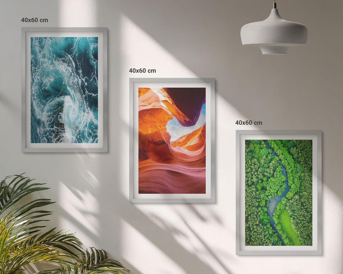 BILDER SET 3er Set - 40x60 cm Silberner Rahmen - Wasserbewegung Canyon grüner Wald - Silberfarben, Kunststoff (40/60cm) - TULUP