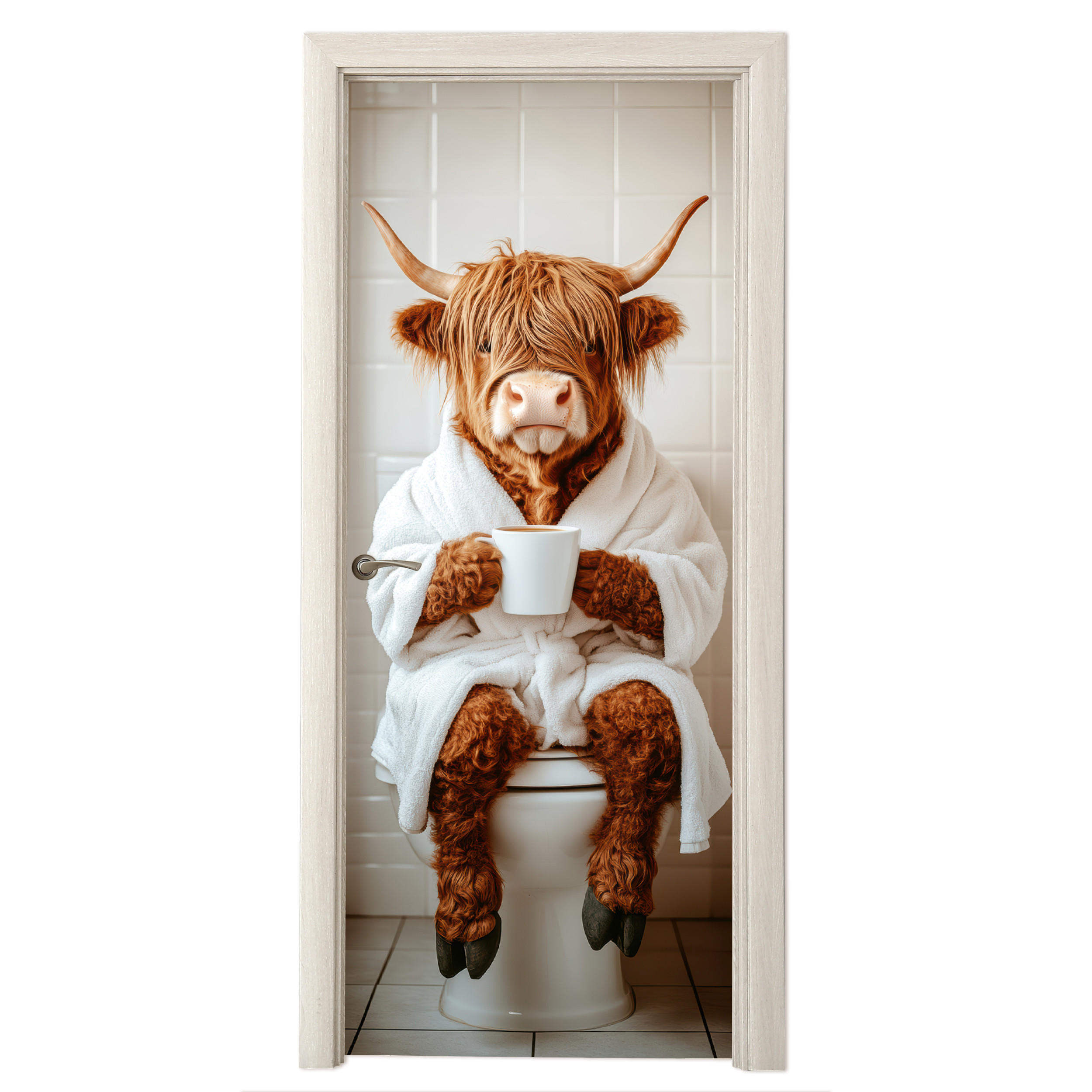FOTOTAPETE Tür - Schottisches Hochlandrind - WC - Bademantel - Modern - Tiere 75x205 cm - Kastanienfarben, Kunststoff (75/0.1cm) - MuchoWow
