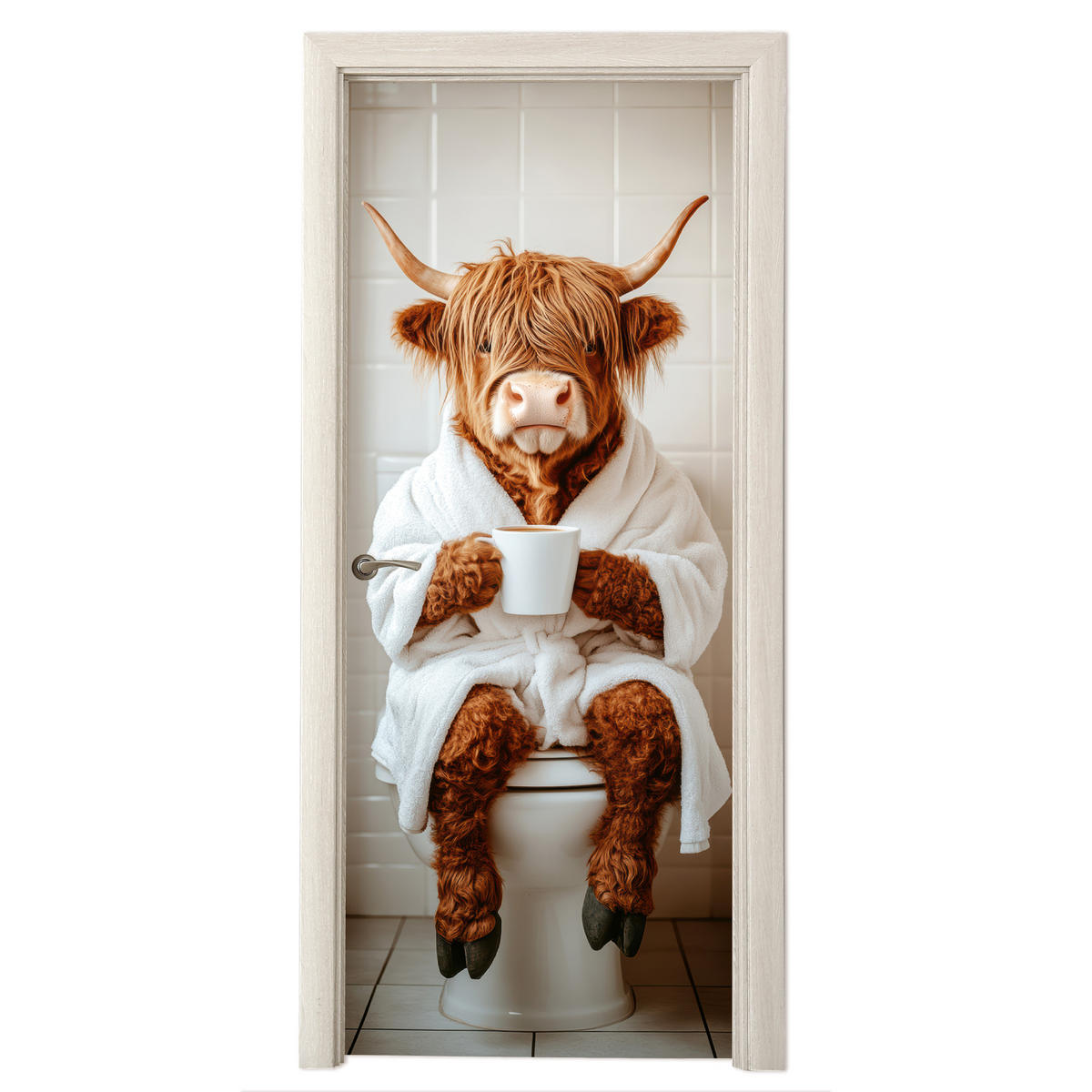 FOTOTAPETE Tür - Schottisches Hochlandrind - WC - Bademantel - Modern - Tiere 90x205 cm - Kastanienfarben, Kunststoff (90/0.1cm) - MuchoWow