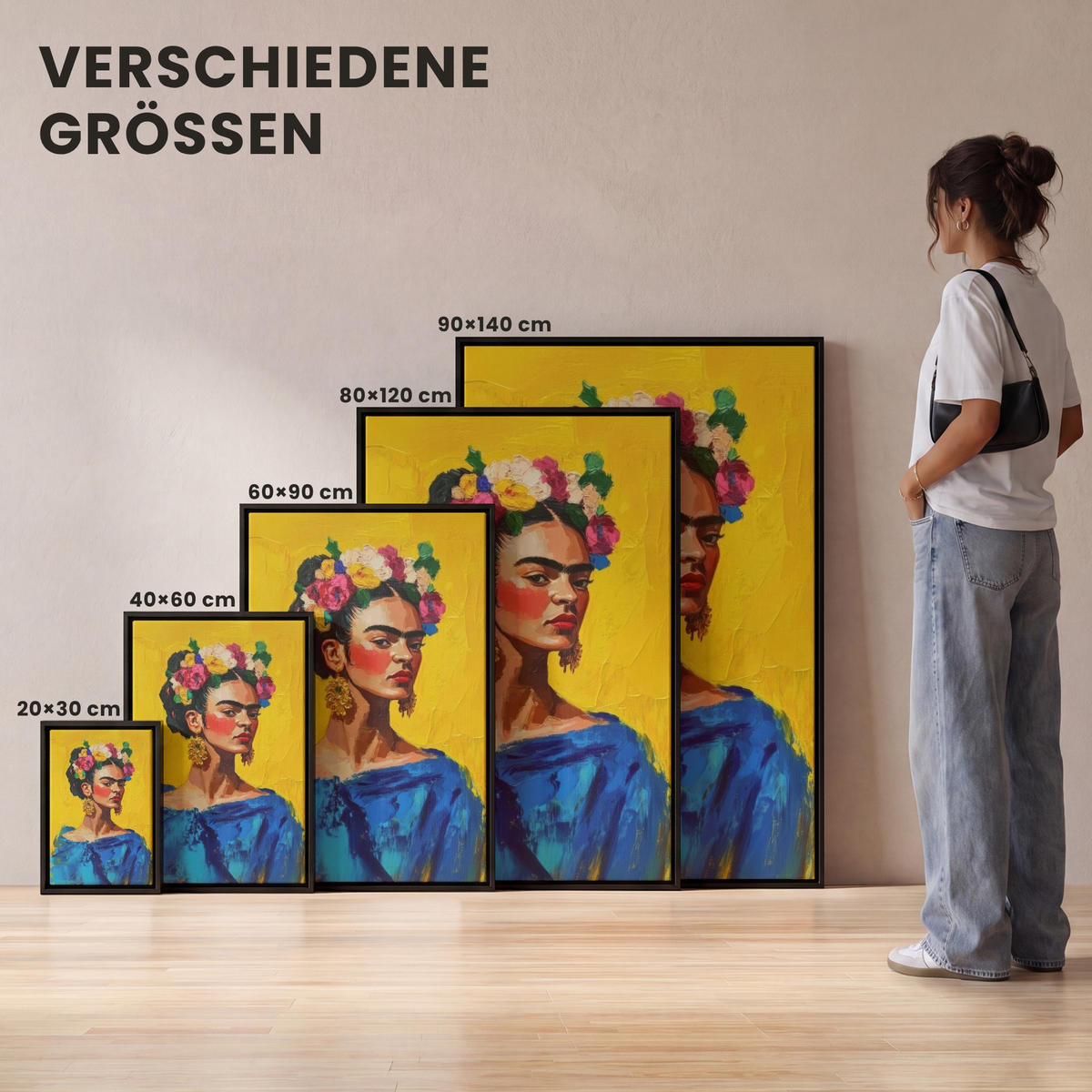 LEINWAND Bilder mit Rahmen - Frida Kahlo - Frau - Gelb - Blau - Blumen - 40x60 - Gelb, Textil (40/60cm) - MuchoWow