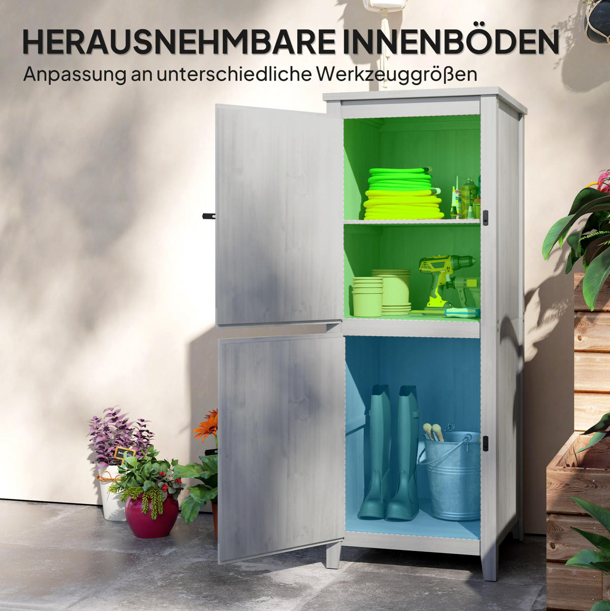 GARTENKOMMODE 60/160/60 cm Hellgrau aus Holz mit abschließbaren Doppeltüren - Hellgrau, Holz (60/160/60cm) - OKMYHOME
