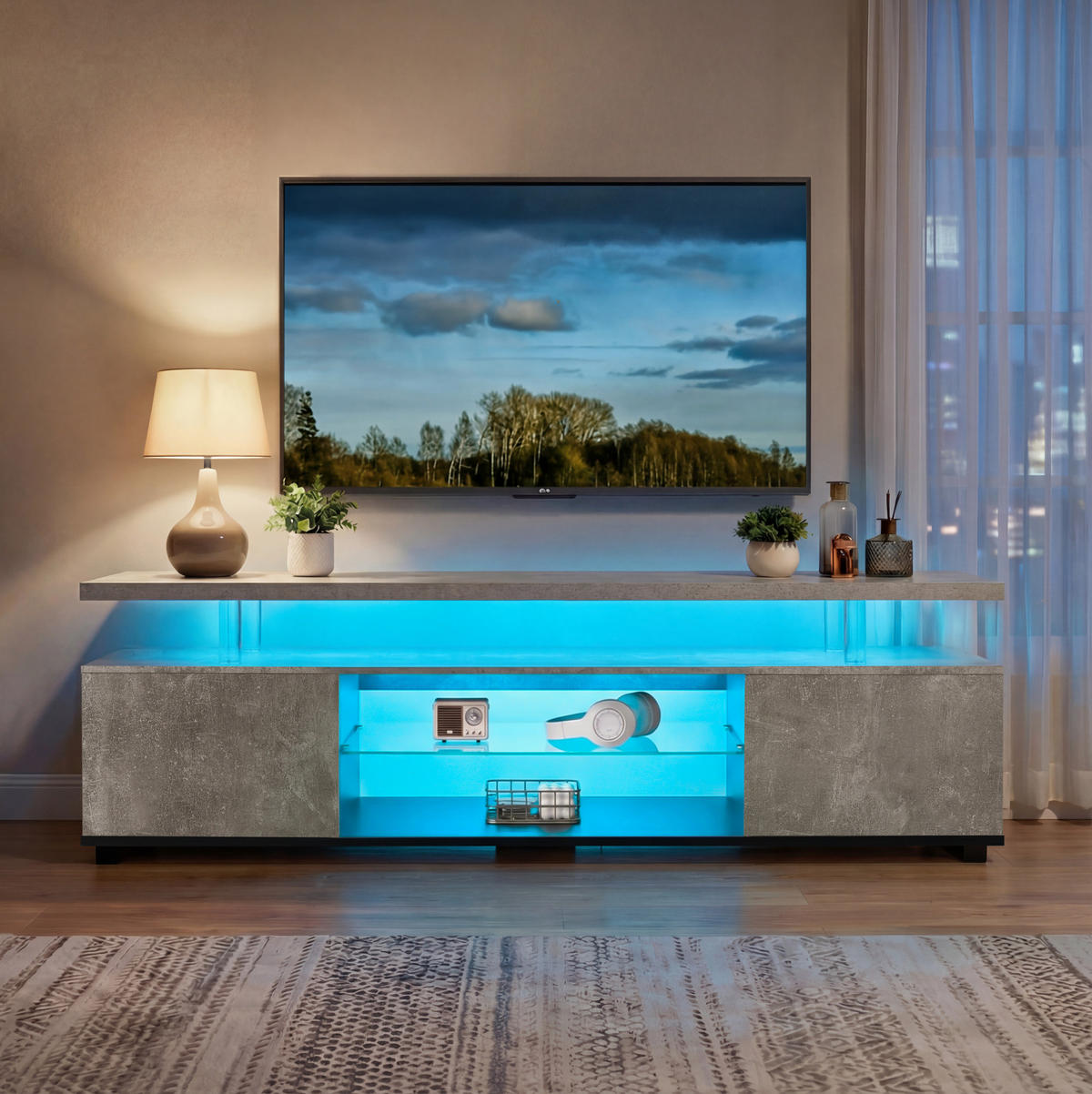 TV-LOWBOARD aus Holzwerkstoff 130x40x48 cm Grau/Schwarz mit LED-Beleuchtung, offenen und geschlossenen Fächern - Schwarz, Holzwerkstoff (130/48/40cm) - Modfu
