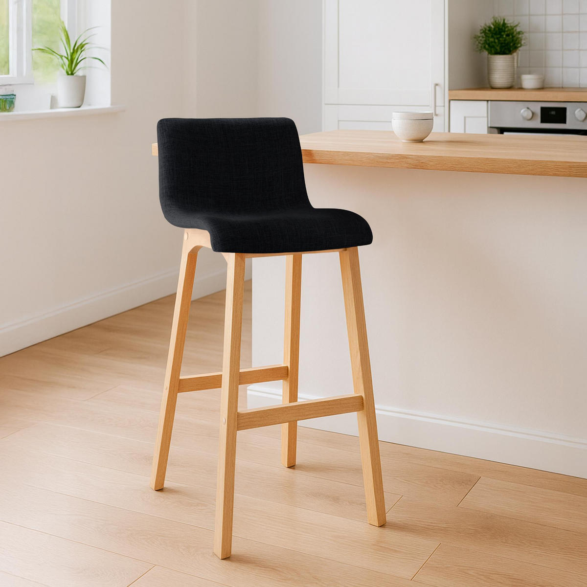 BARHOCKER 2er Set Stoff schwarz - Eukalyptusholzfarben/Schwarz, Holz/Textil (41/102/46cm) - CLP