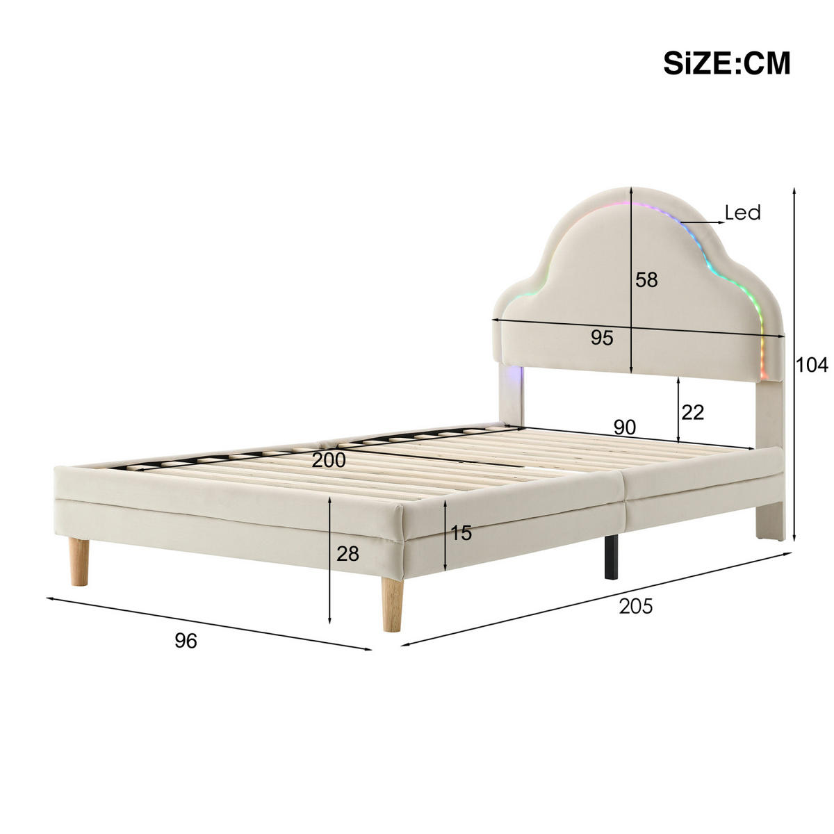 POLSTERBETT 90x200 cm mit Wolken-Kopfteil, LED, Beige - Beige, Holz (90/200cm)