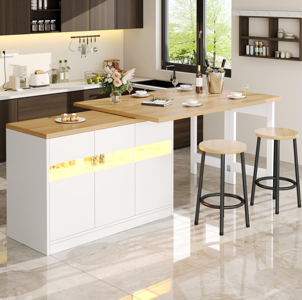 BARTISCH ausziehbar mit LED-Lichtleiste & Stauraum, 120-180/40/71,5 cm, Weiß - Weiß, Holzwerkstoff (40/71.5/107cm) - Redom