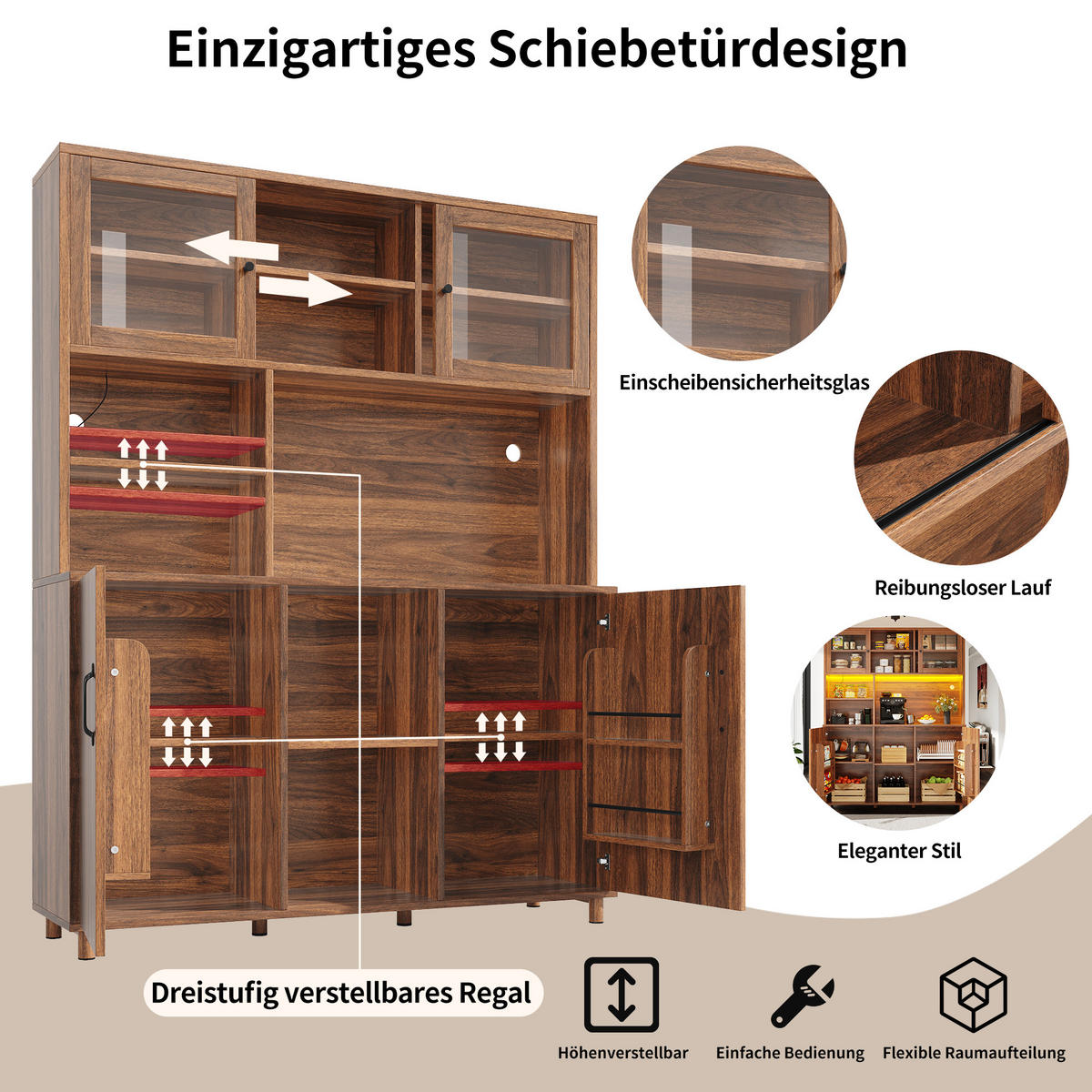 HIGHBOARD Holzoptik Walnuss mit LED & Glastüren - Walnussfarben, Glas/Holzwerkstoff (120/185/40cm) - Urban Meuble
