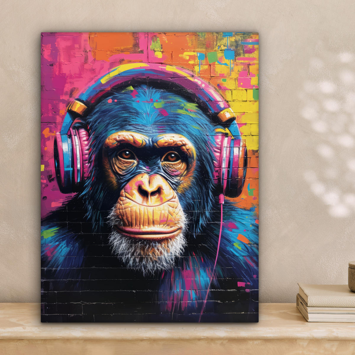 LEINWANDBILD Graffiti - Schimpanse - Straßenkunst - Kopfhörer - Affe Room Decor 30x40 cm - Blau, Textil (30/40cm) - MuchoWow